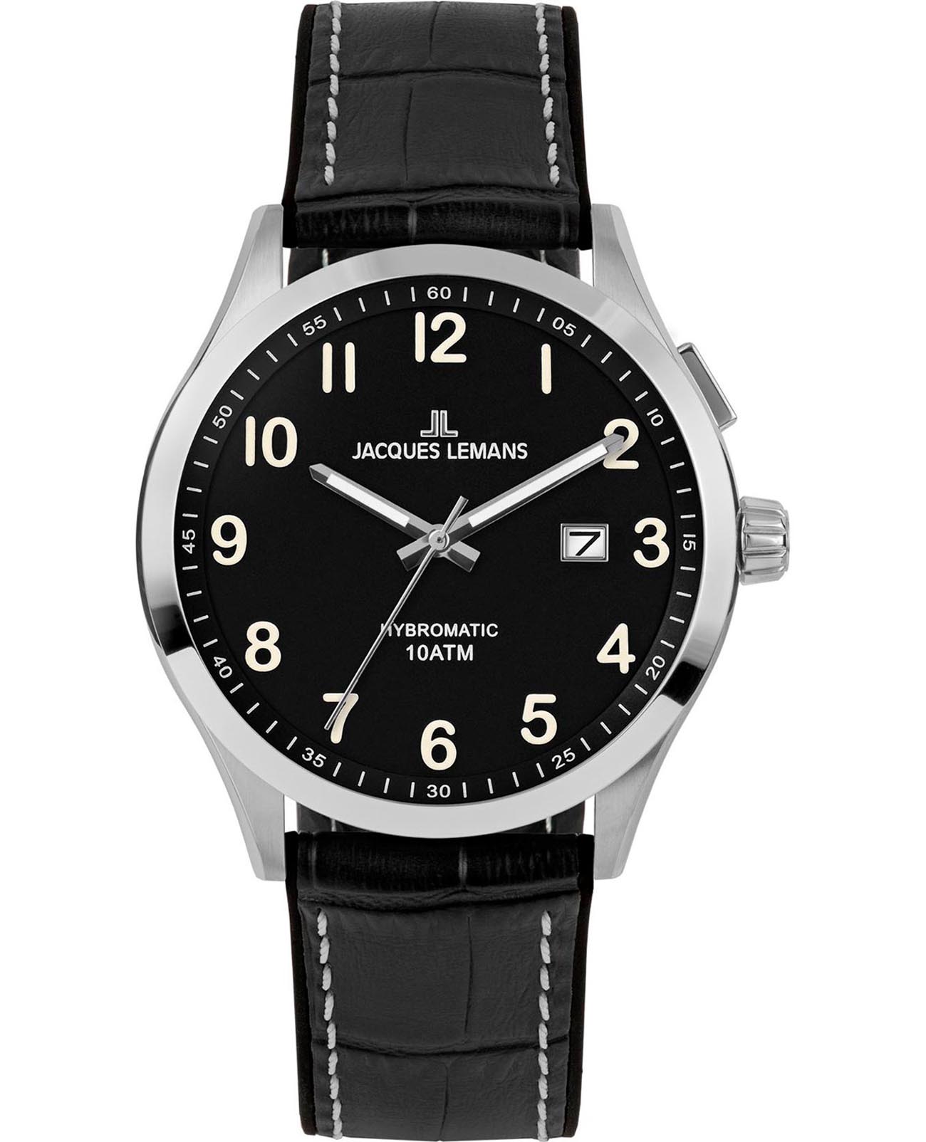 Jacques Lemans Jacques Lemans Hybromatic 1-2130D  1-2130D механические мужские часы черный циферблат, браслет кожаный — вид спереди