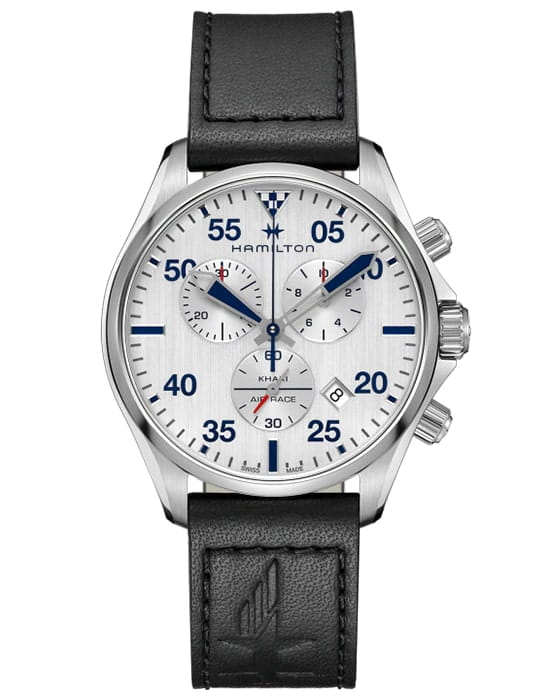 Hamilton Hamilton Khaki Aviation Chrono H76712751  H76712751 кварцевые мужские часы серебристый циферблат, браслет кожаный — вид спереди