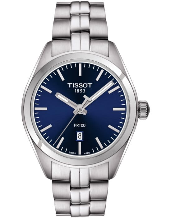 Tissot Tissot PR 100 Lady T101.210.11.041.00 PR 100 T1012101104100 кварцевые женские часы синий циферблат, браслет нержавеющая сталь — вид спереди