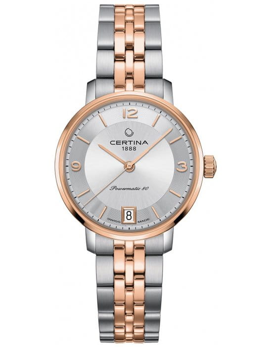 Certina Certina DS Caimano Lady Powermatic 80 C035.207.22.037.01 DS Caimano C0352072203701 механические женские часы серебристый циферблат, браслет сталь c pvd покрытием — вид спереди