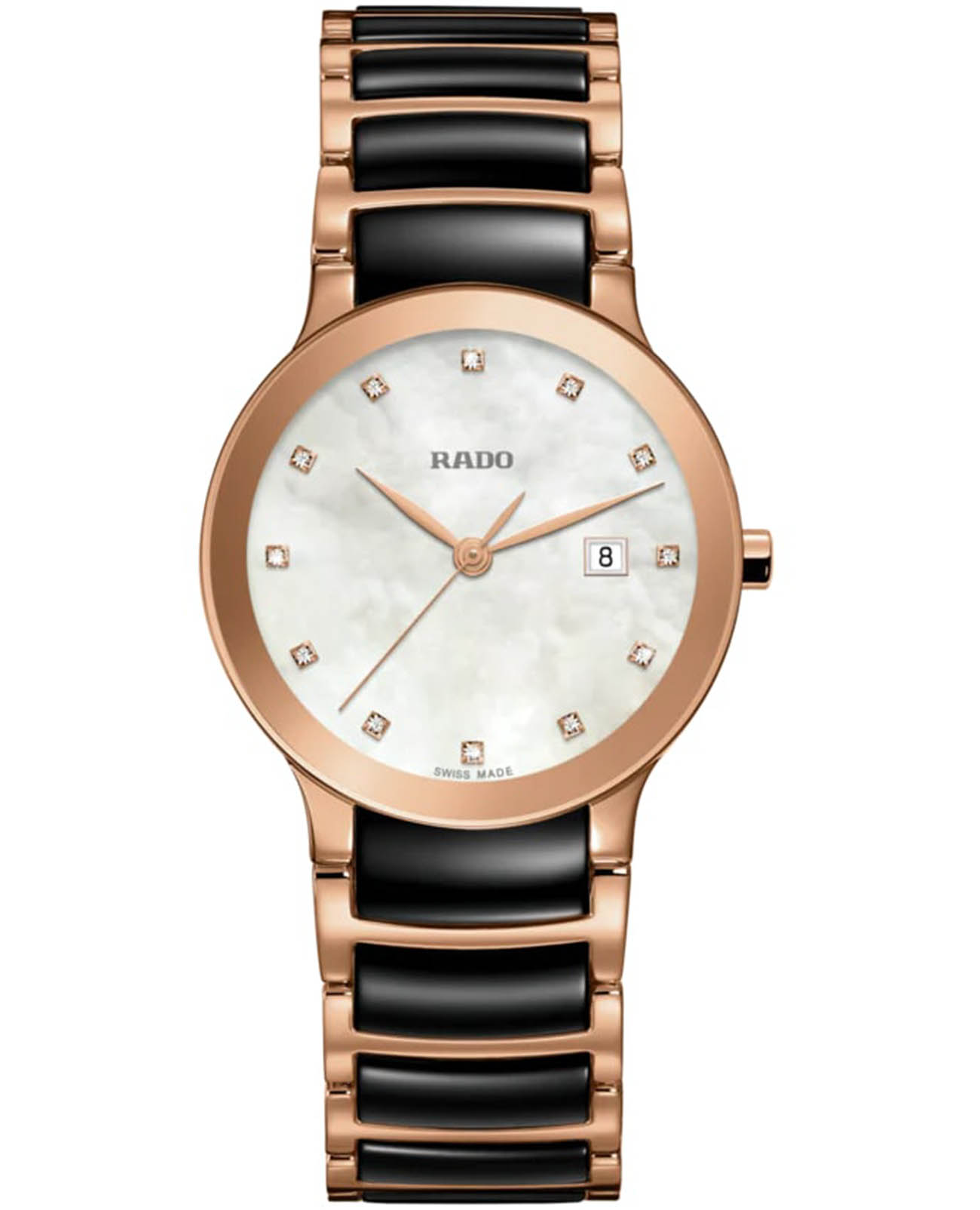 Rado Rado Centrix Diamonds R30555912  R30555912 кварцевые женские часы перламутровый циферблат, браслет сталь + pvd + керамика — вид спереди