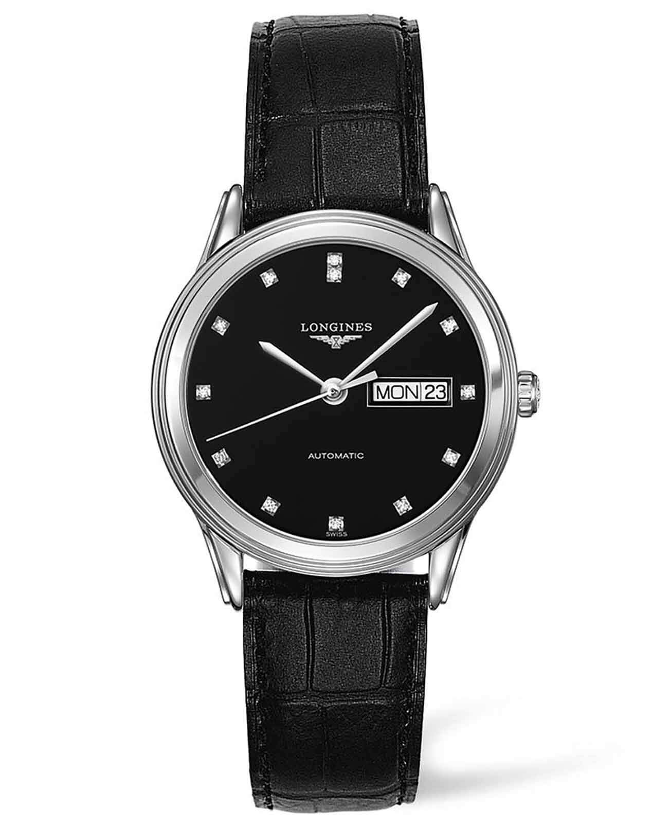 Longines Longines Flagship L4.899.4.57.2  L48994572 механические мужские часы черный циферблат, браслет кожаный — вид спереди