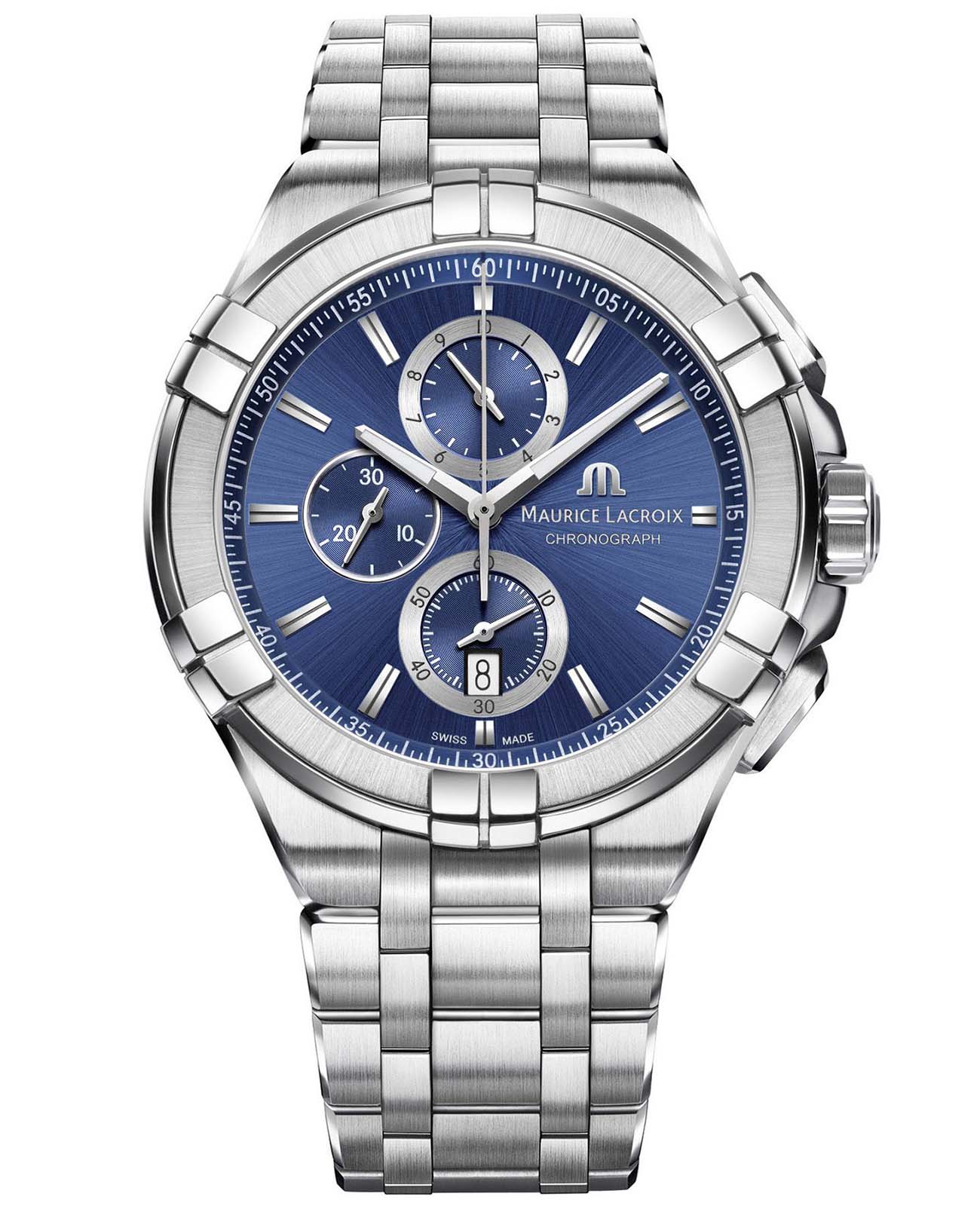 Maurice Lacroix Maurice Lacroix Aikon Chronograph AI1018-SS002-430-1  AI1018-SS002-430-1 кварцевые мужские часы синий циферблат, браслет нержавеющая сталь — вид спереди