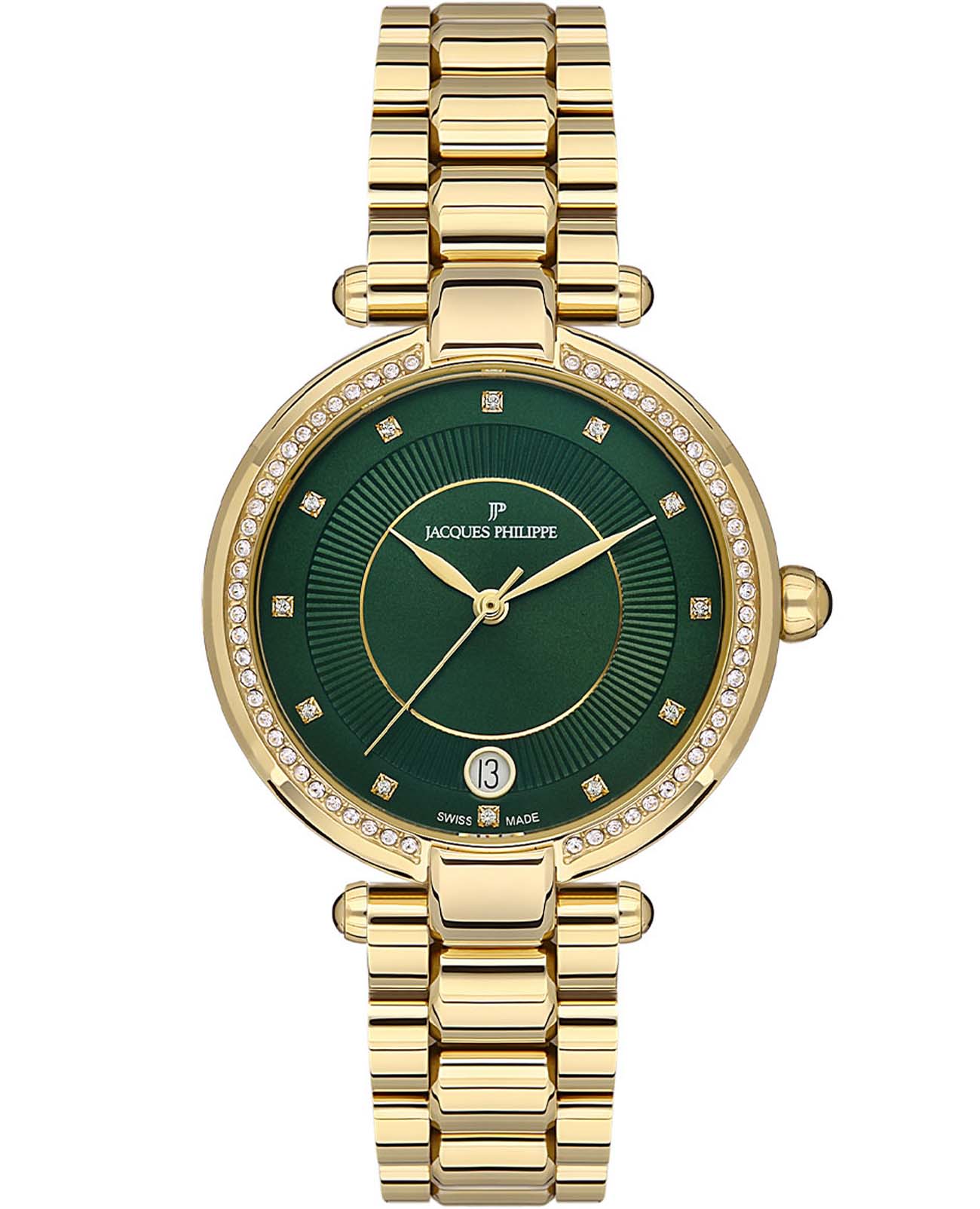 Jacques Philippe Jacques Philippe Mistress JPQLS0823X4  JPQLS0823X4 кварцевые женские часы зеленый циферблат, браслет нержавеющая сталь с ip-покрытием — вид спереди