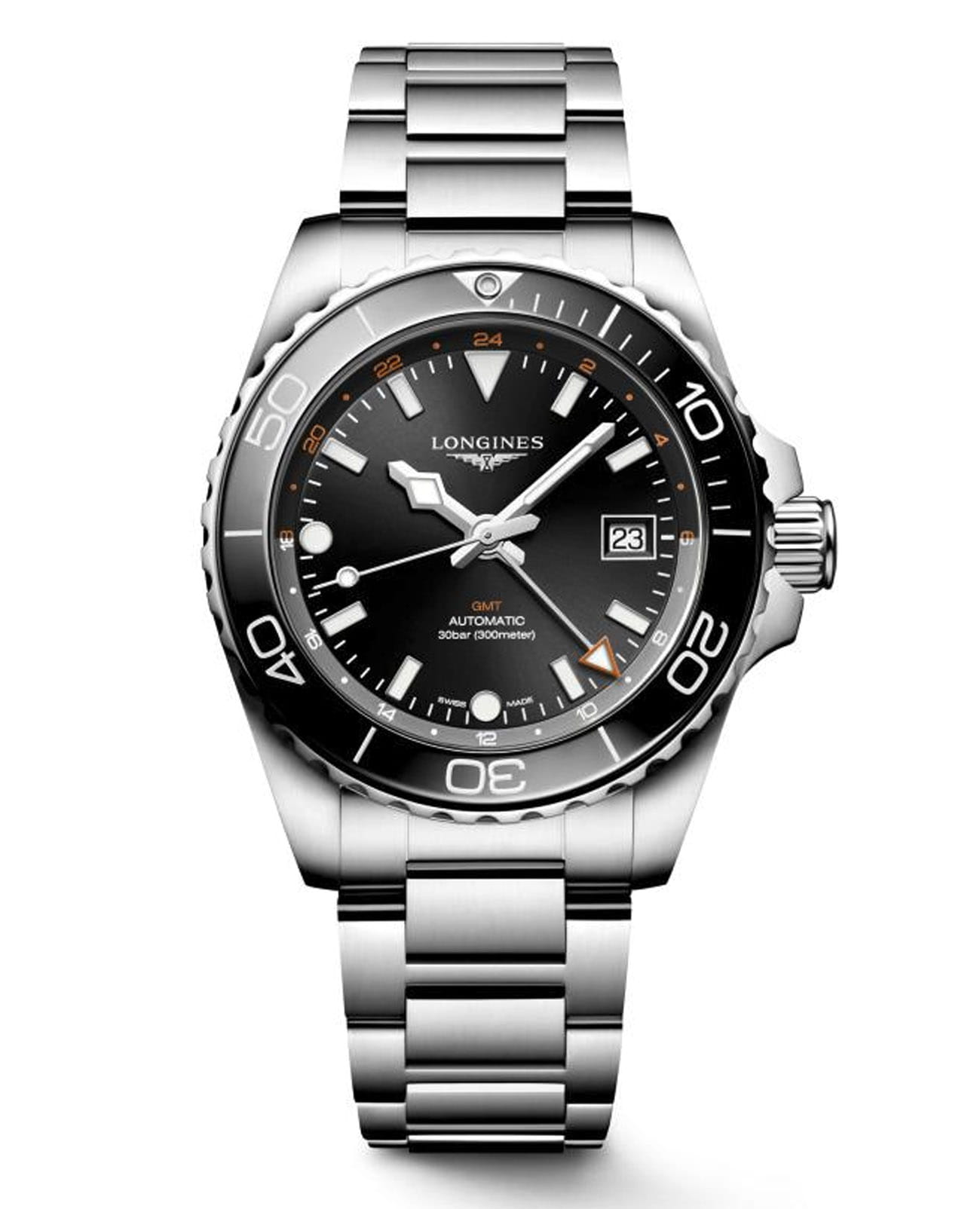 Longines Longines HydroConquest L3.790.4.56.6  L37904566 механические мужские часы черный циферблат, браслет нержавеющая сталь — вид спереди