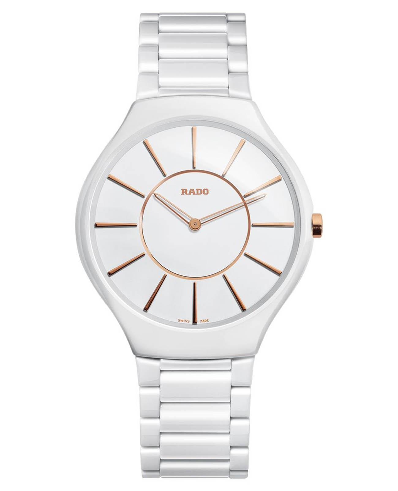 Rado Rado True Thinline R27957102  R27957102 кварцевые мужские часы белый циферблат, браслет высокотехнологичная керамика — вид спереди