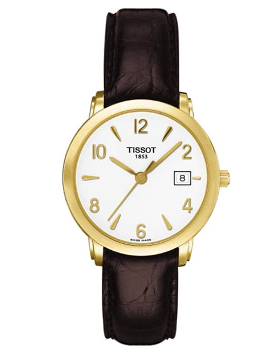 Tissot Tissot Carson T-Gold Sculpture Line T71.3.134.34 Carson T71313434 кварцевые женские часы белый циферблат, браслет кожаный — вид спереди