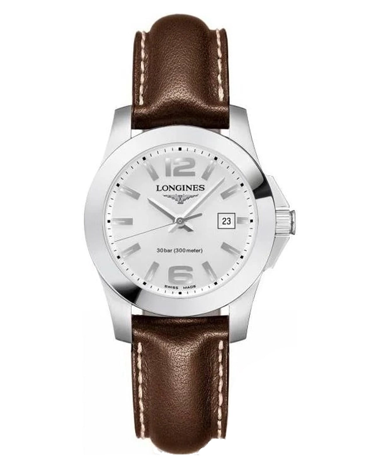 Longines Longines Conquest L3.376.4.76.5  L33764765 кварцевые женские часы серебристый циферблат, браслет кожаный — вид спереди