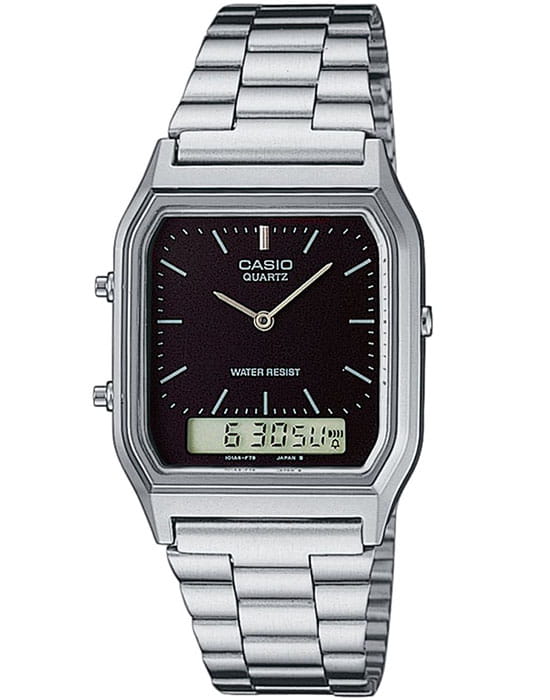 Casio Casio Collection AQ-230A-1DER  AQ-230A-1D кварцевые мужские часы черный циферблат, браслет нержавеющая сталь — вид спереди