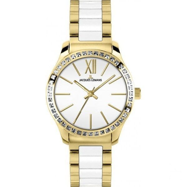 Jacques Lemans Jacques Lemans 1-1797C  1-1797C кварцевые женские часы белый циферблат, браслет сталь + керамические вставки — вид спереди