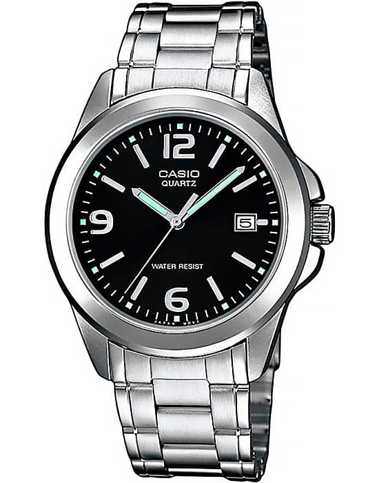 Casio Casio MTP-1259PD-1A  MTP-1259PD-1A кварцевые мужские часы черный циферблат, браслет нержавеющая сталь — вид спереди