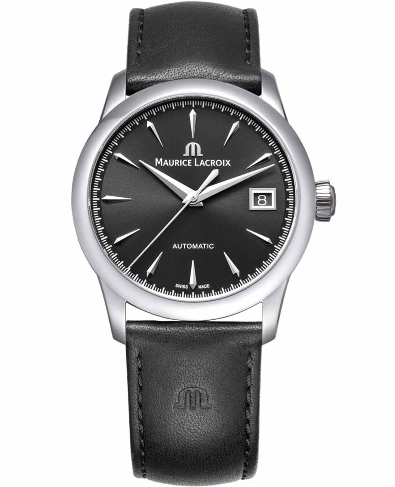 Maurice Lacroix Maurice Lacroix 1975 756007-SS001-330-2  756007-SS001-330-2 механические мужские часы черный циферблат, браслет кожаный — вид спереди