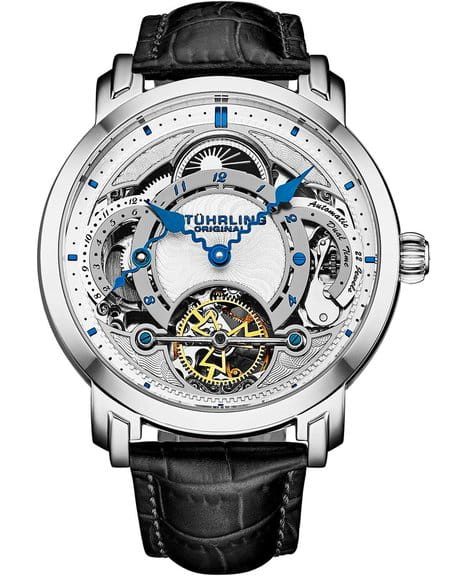 Stuhrling Stuhrling Celestial Timekeeper 1017.01  1017.01 механические мужские часы серебристый циферблат, браслет кожаный — вид спереди