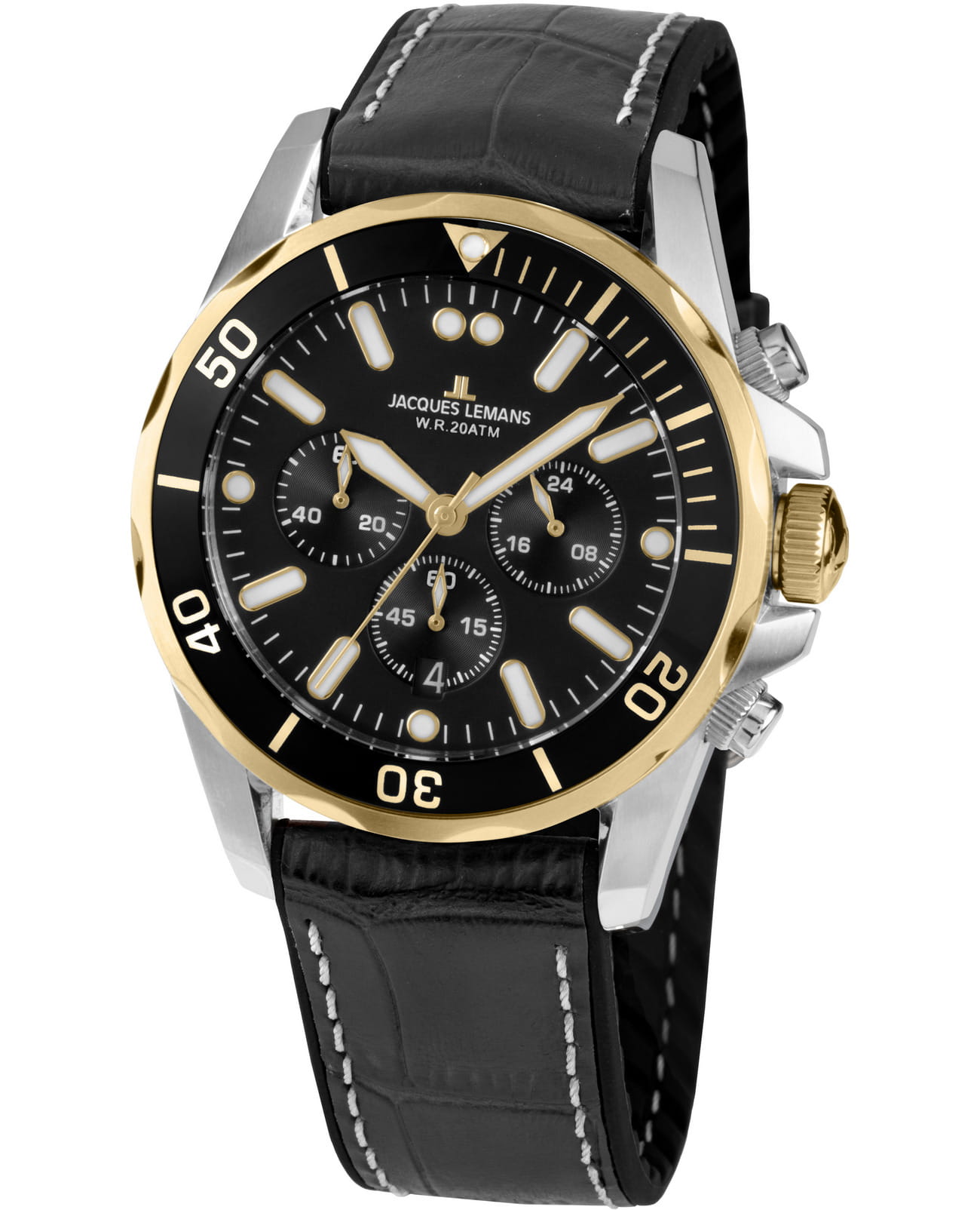 Jacques Lemans Jacques Lemans Sport 1-2091D  1-2091D кварцевые мужские часы черный циферблат, браслет кожаный — вид спереди