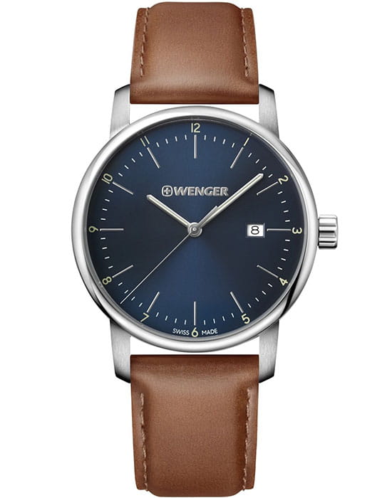 Wenger Urban classic  01.1741.111  01.1741.111 кварцевые мужские часы синий циферблат, браслет кожаный — вид спереди
