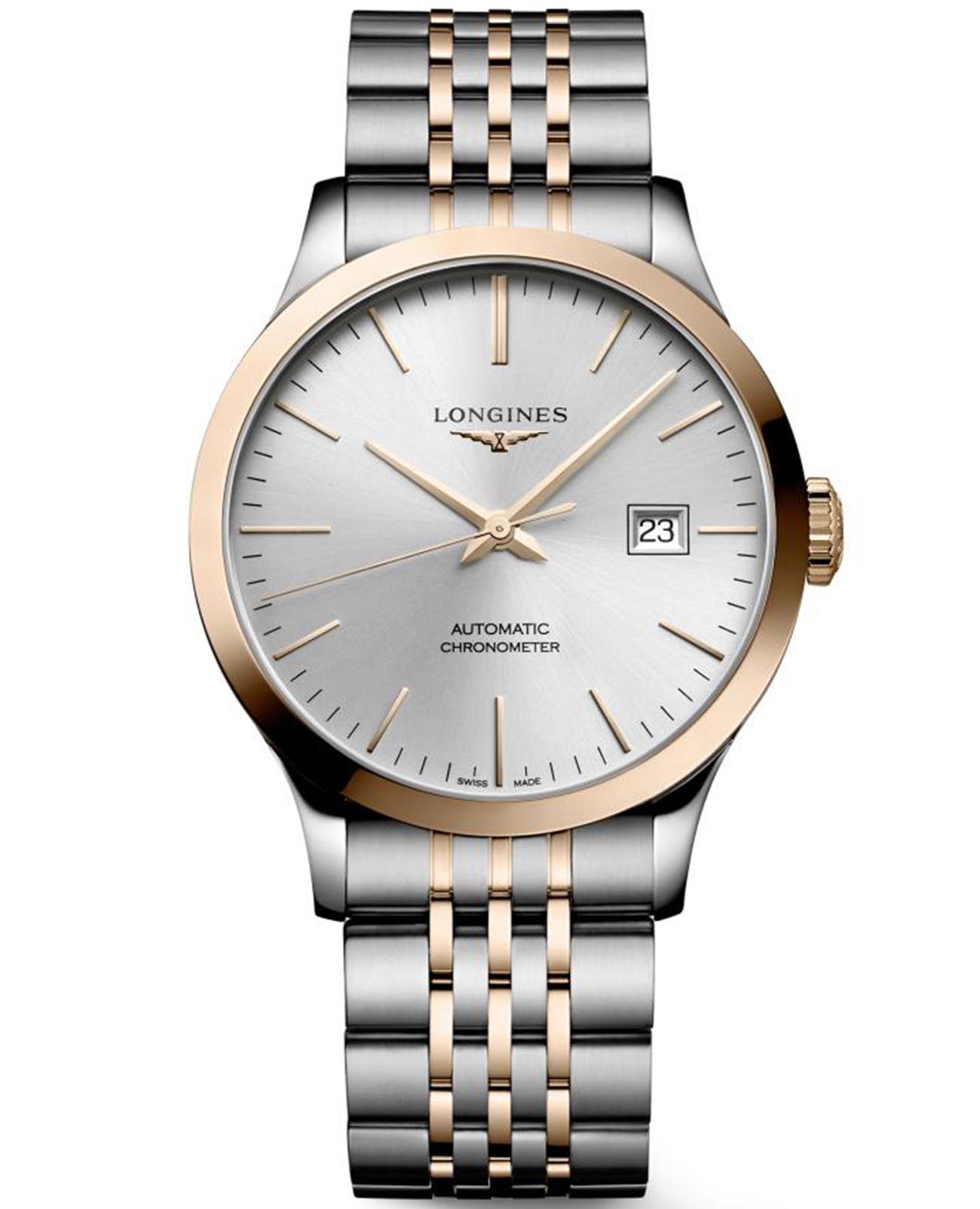 Longines Longines Record Collection L2.820.5.72.7  L28205727 механические мужские часы  циферблат, браслет нержавеющая сталь и 18 каратное розовое золото — вид спереди