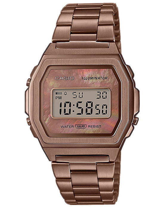Casio Casio Collection A1000RG-5EF Retro A1000RG-5EF кварцевые мужские часы коричневый циферблат, браслет сталь с ip покрытием — вид спереди