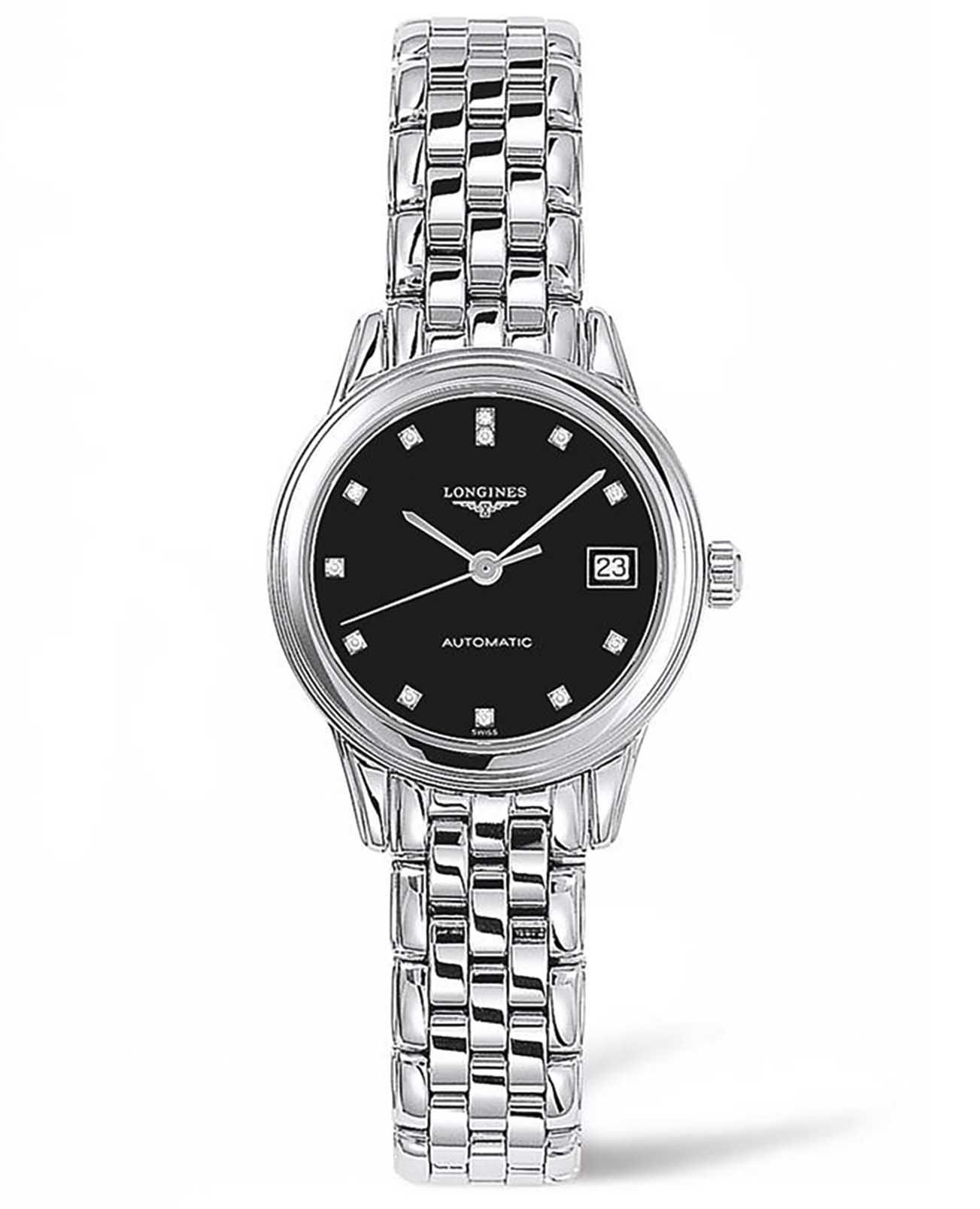 Longines Longines Flagship L4.274.4.57.6  L42744576 механические женские часы черный циферблат, браслет нержавеющая сталь — вид спереди