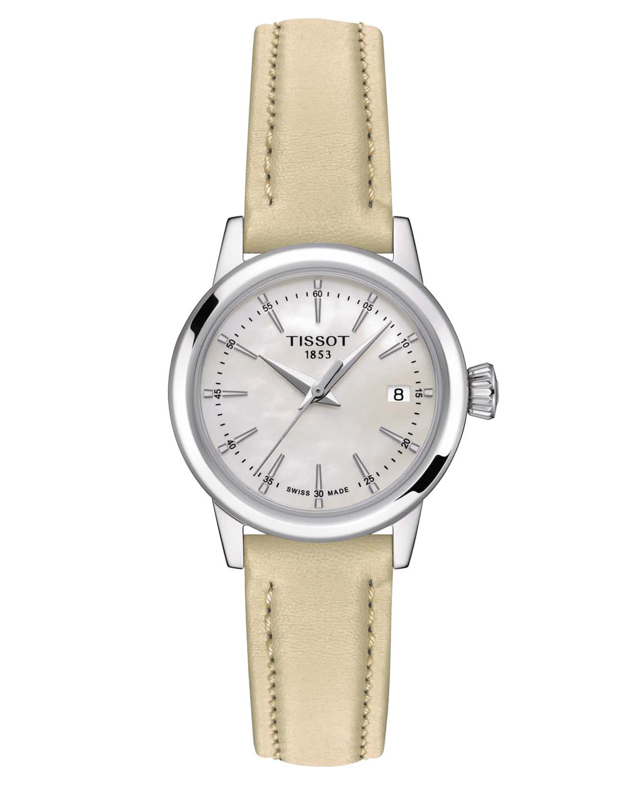 Tissot Tissot Classic Dream Lady T129.210.16.111.00 Classic Dream T1292101611100 кварцевые женские часы серебристый циферблат, браслет кожаный — вид спереди
