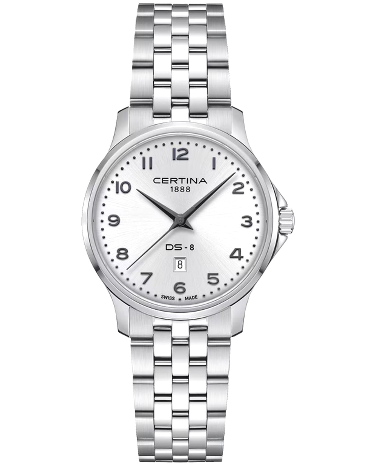 Certina Certina DS-8 Lady 31 мм C045.010.11.032.00  C0450101103200 кварцевые женские часы серебристый циферблат, браслет нержавеющая сталь 316l — вид спереди