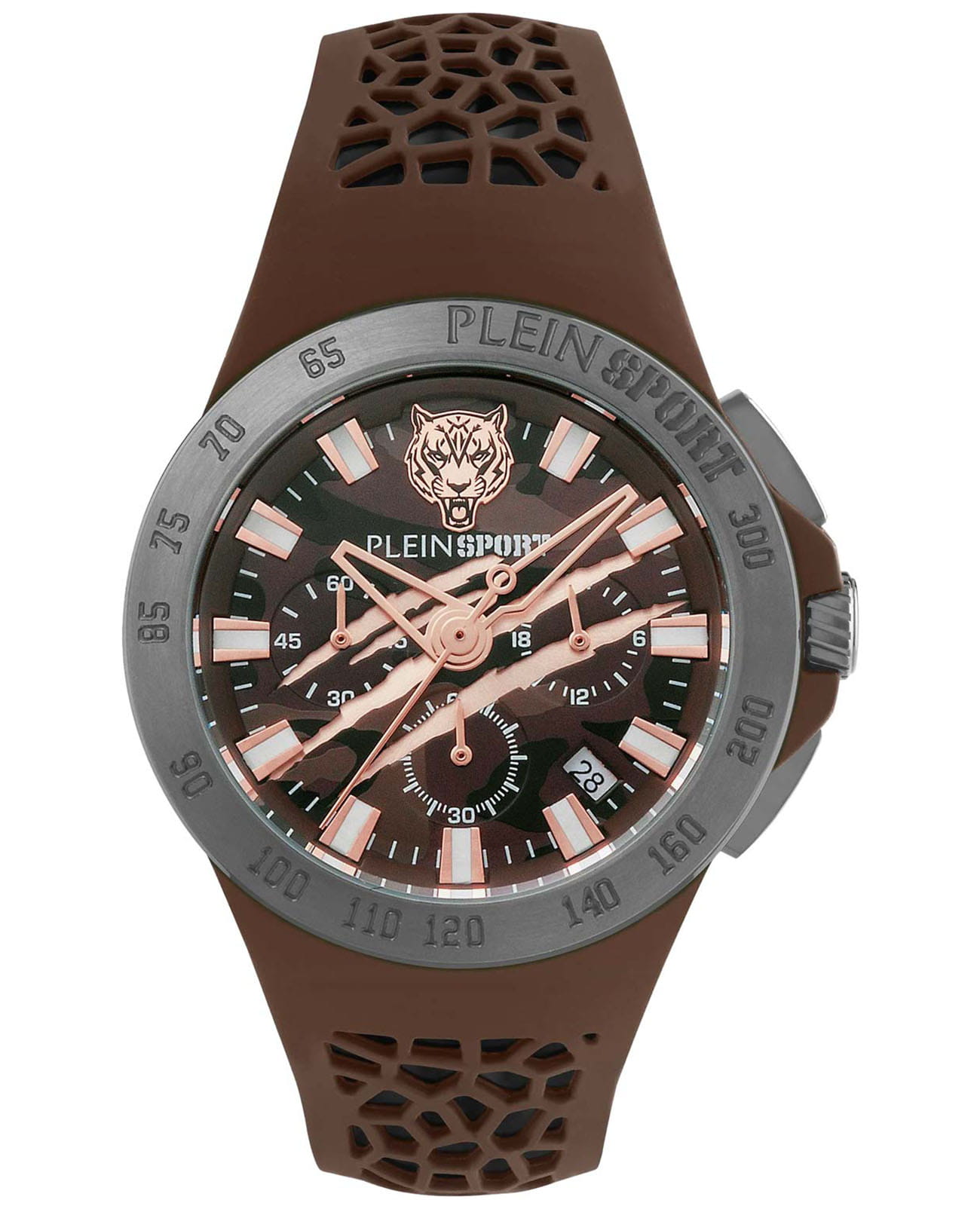 Plein Sport Plein Sport Thunderstorn Chrono PSABA0423  PSABA0423 кварцевые мужские часы коричневый циферблат, браслет силикон — вид спереди