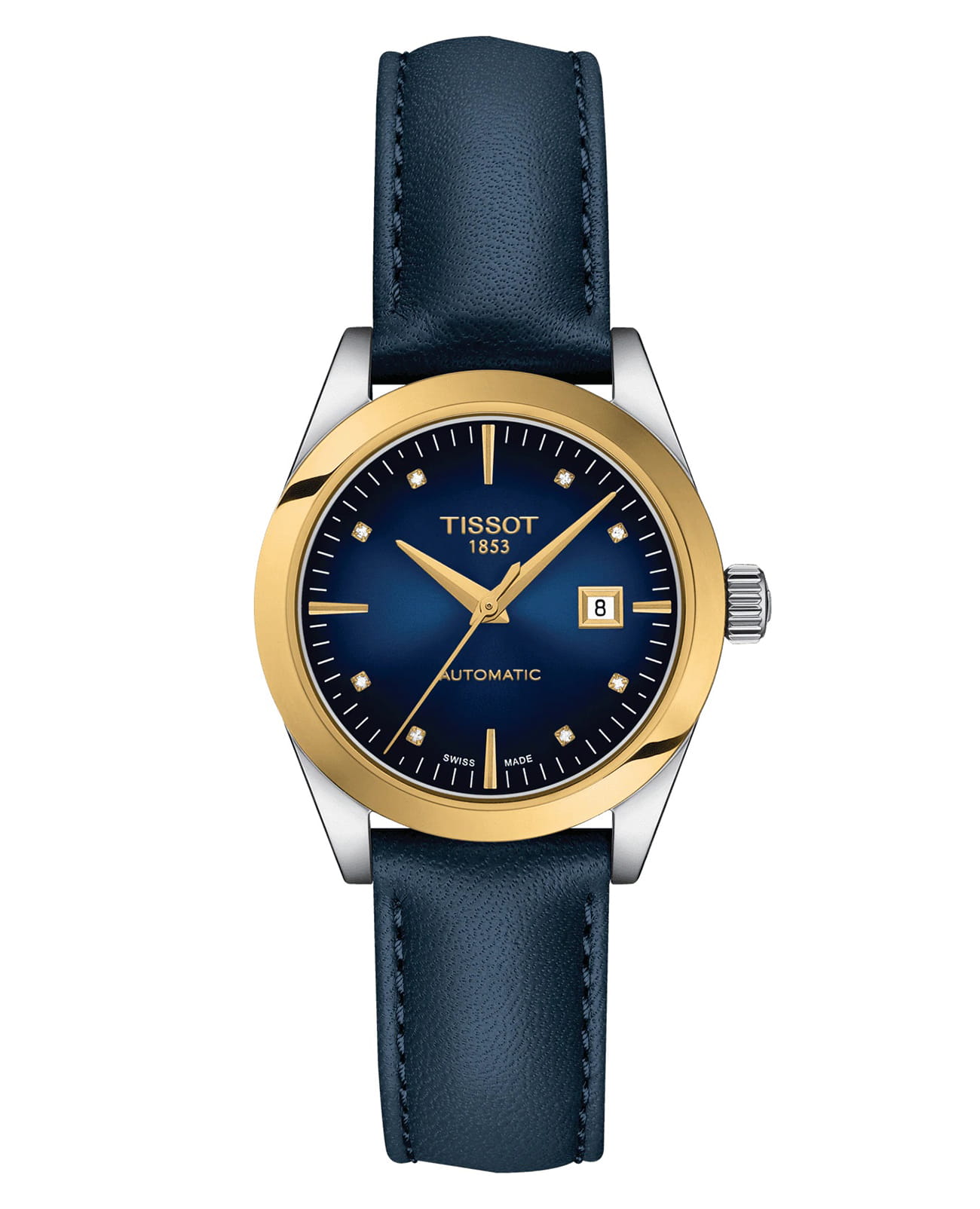 Tissot Tissot T-My Lady Automatic 18K Gold T930.007.46.046.00 T My Lady T9300074604600 механические женские часы синий циферблат, браслет кожаный — вид спереди