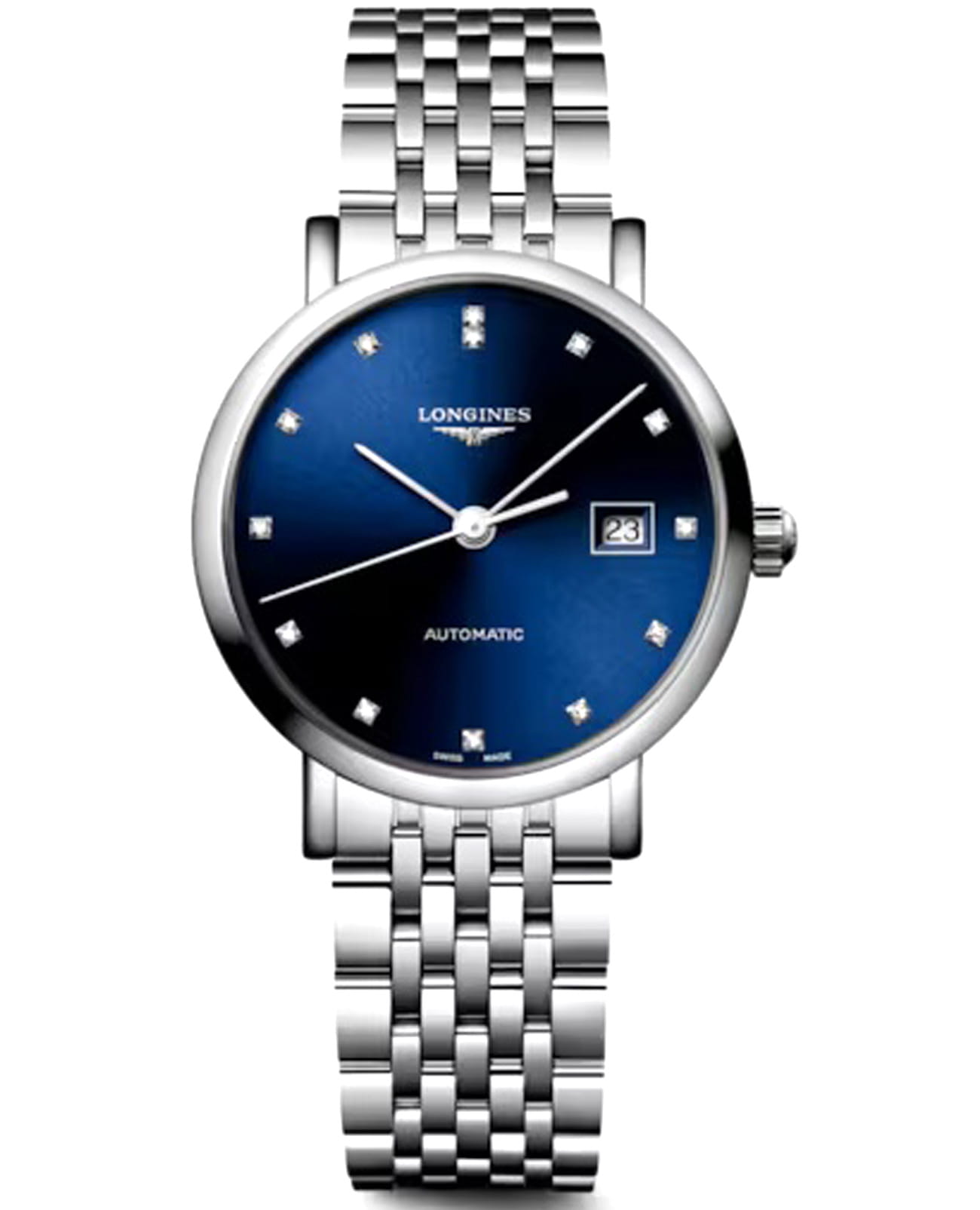 Longines Longines Elegance Elegant Collection 29 мм L4.310.4.90.6  L43104906 механические женские часы синий циферблат, браслет нержавеющая сталь — вид спереди