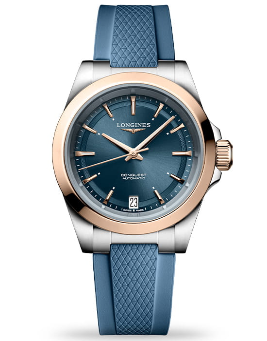 Longines Longines Conquest L3.430.5.92.9  L34305929 механические женские часы синий циферблат, браслет каучук — вид спереди