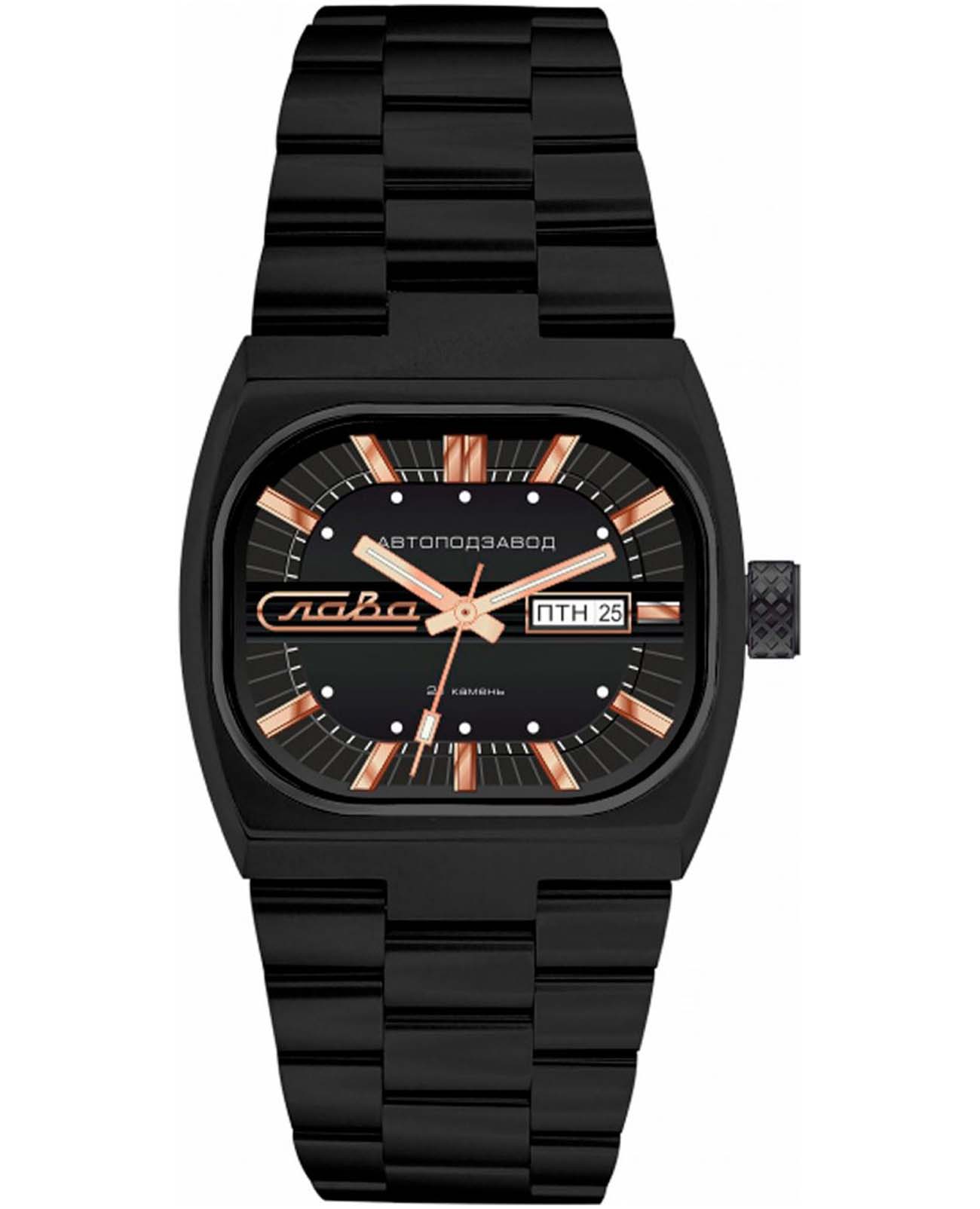 Слава Слава Телевизор 3044706/100-8205  3044706/100-8205 механические мужские часы черный циферблат, браслет нержавеющая сталь с ip-покрытием — вид спереди