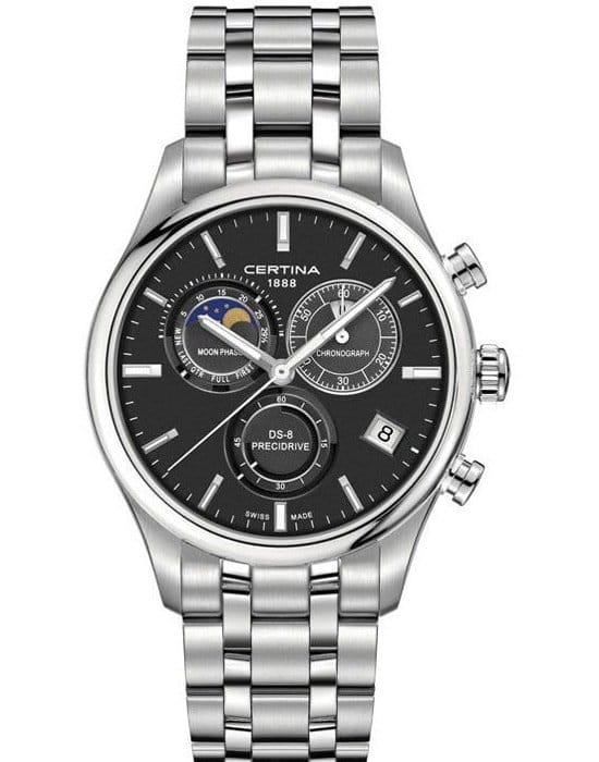 Certina Certina DS-8 Chronograph Moon Phase C033.450.11.051.00 DS 8 C0334501105100 кварцевые мужские часы черный циферблат, браслет нержавеющая сталь — вид спереди