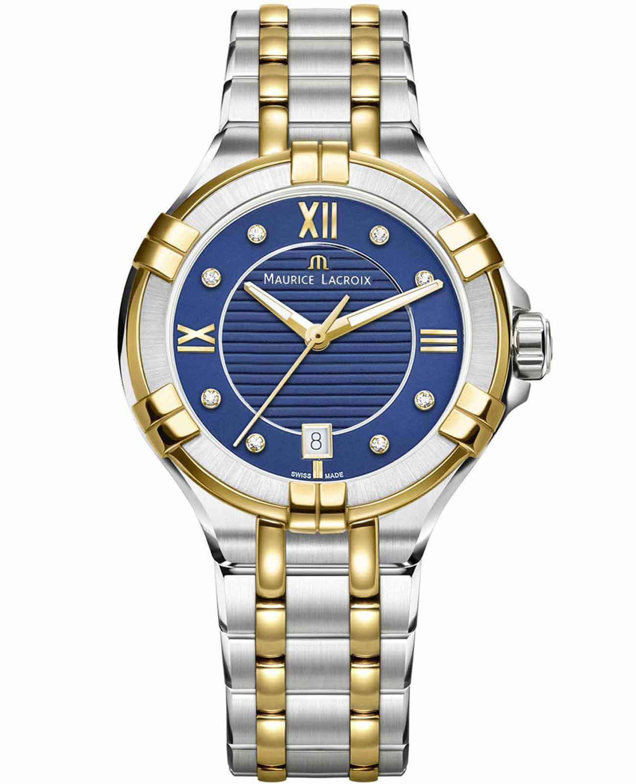 Maurice Lacroix Maurice Lacroix Aikon Date AI1006-PVY13-450-1  AI1006-PVY13-450-1 кварцевые женские часы синий циферблат, браслет сталь c pvd покрытием — вид спереди