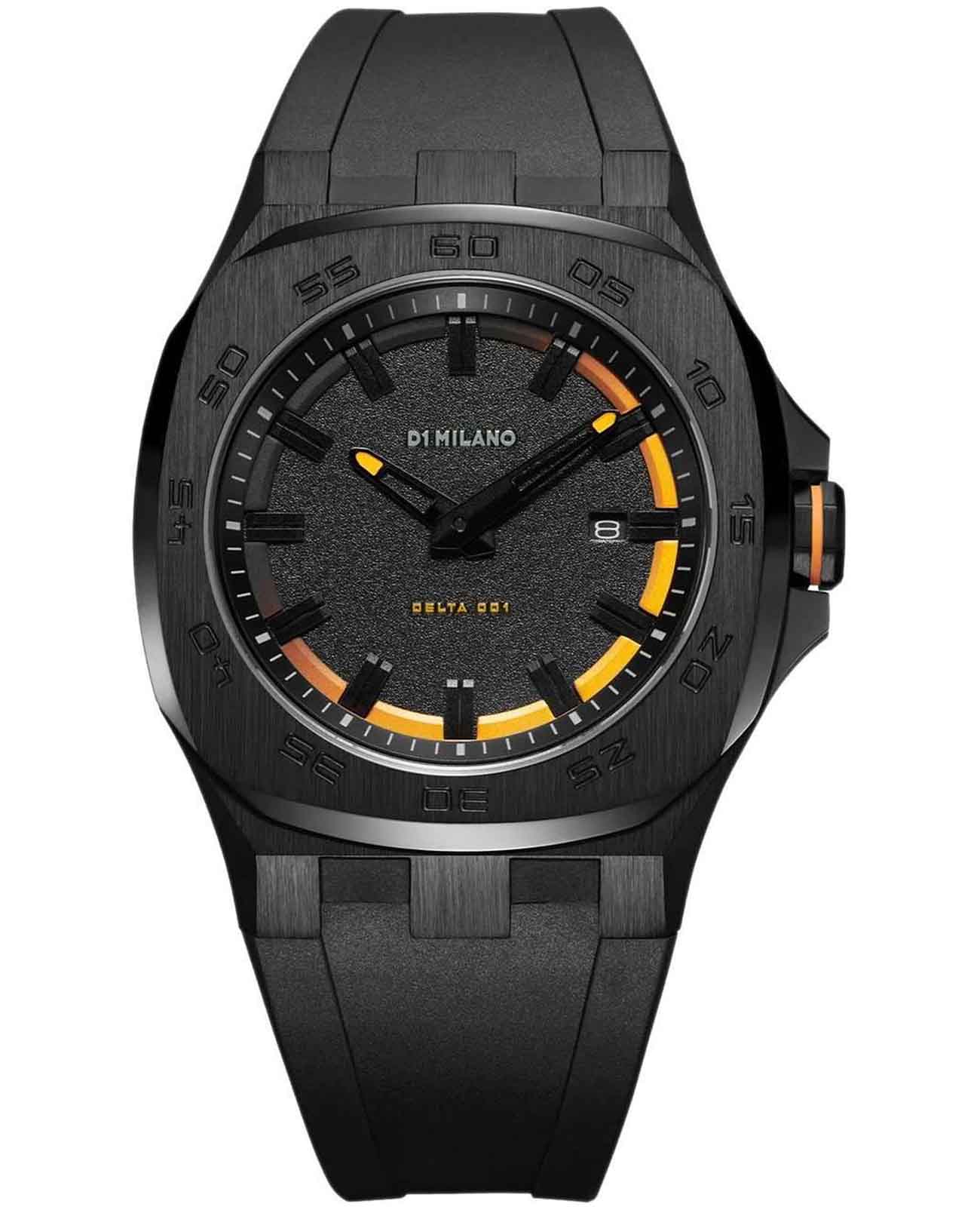 D1 Milano D1 Milano Delta 001 DTRJ03  DTRJ03 кварцевые мужские часы черный циферблат, браслет каучук — вид спереди