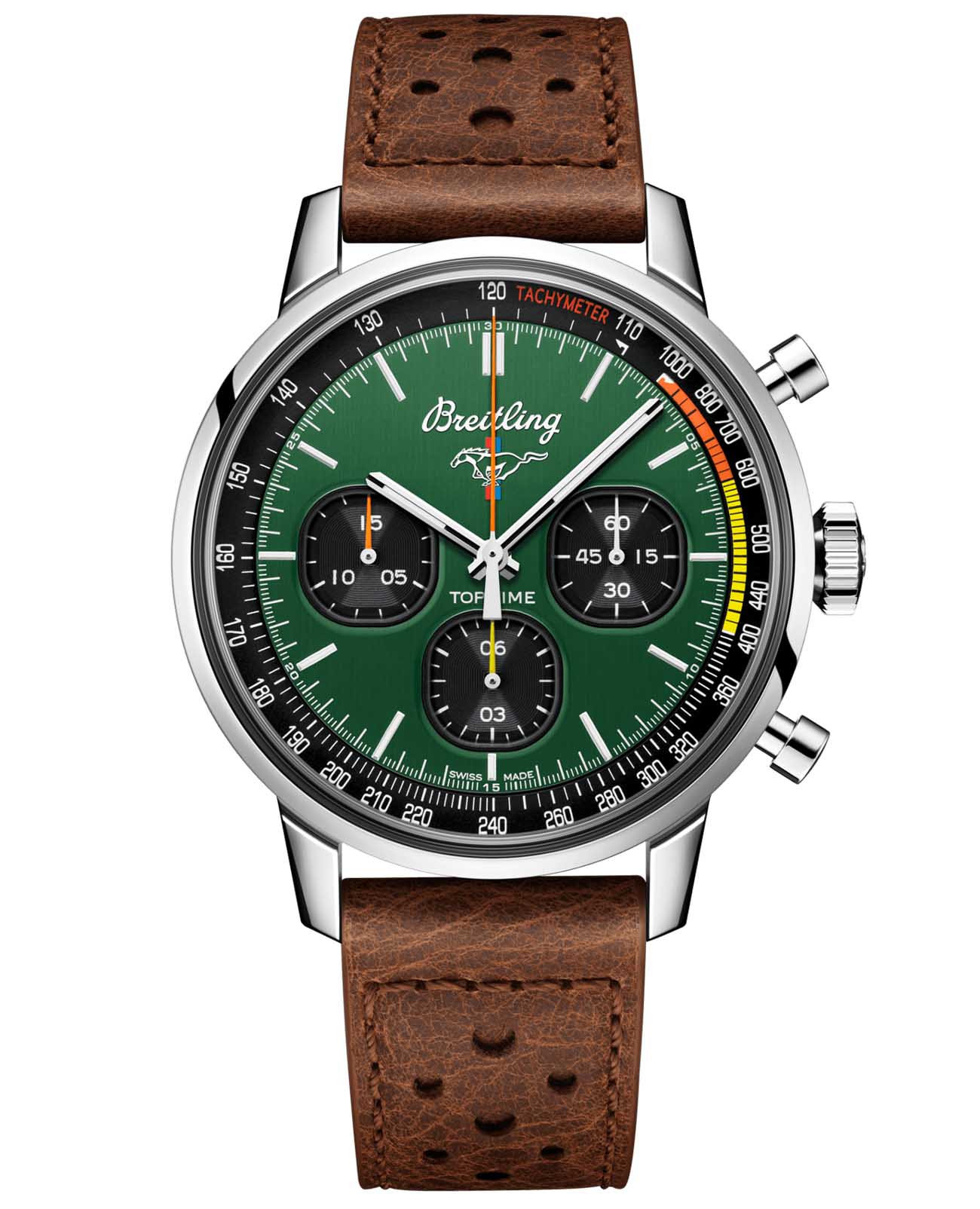 Breitling Breitling Top Time Ford Mustang A253101A1L1X1  A253101A1L1X1 механические мужские часы зеленый циферблат, браслет кожаный — вид спереди
