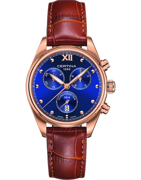 Certina Certina DS-8 Lady Chronograph C033.234.36.048.01 DS 8 C0332343604801 кварцевые женские часы синий циферблат, браслет кожаный — вид спереди