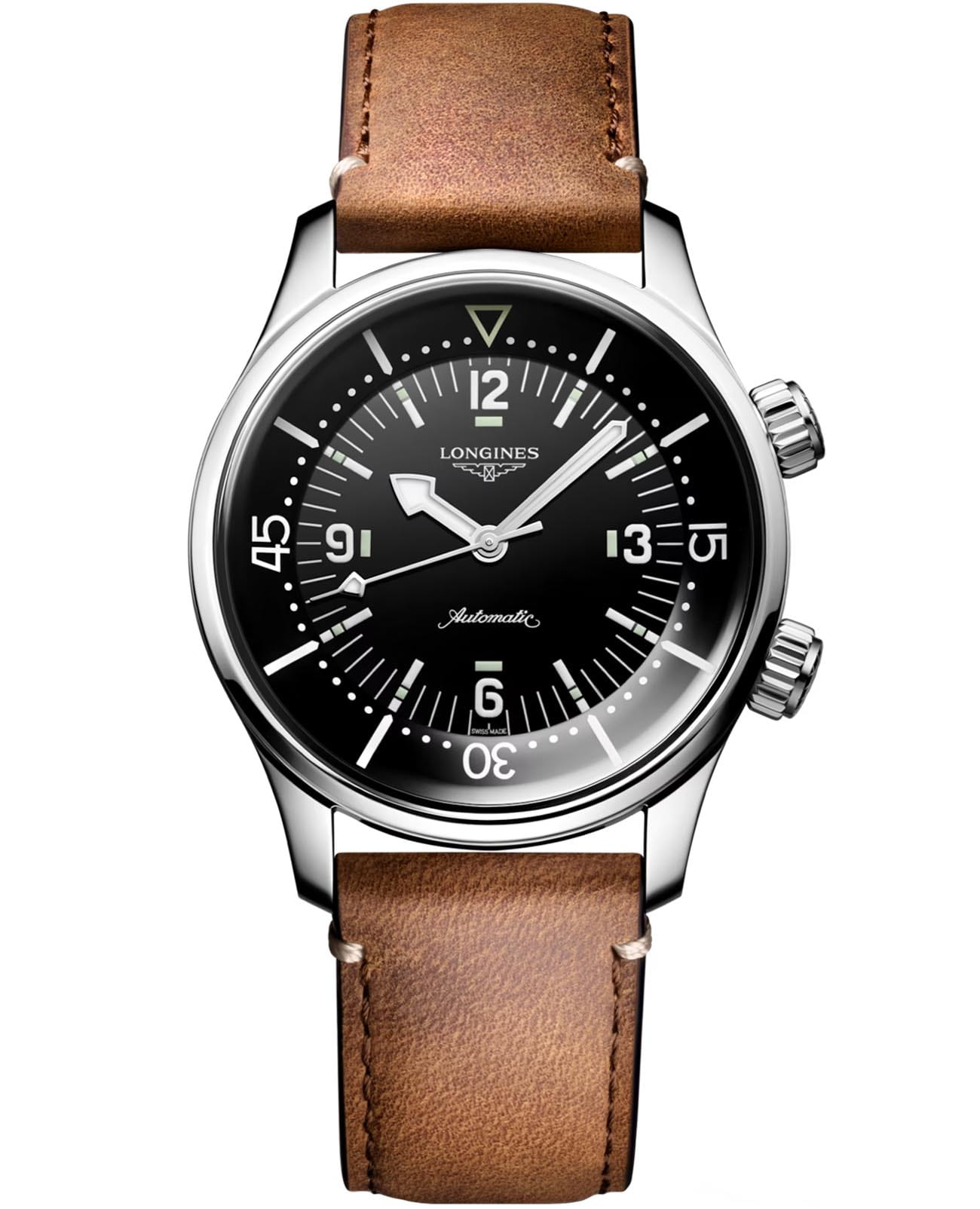 Longines Longines Legend Diver L3.764.4.50.0  L37644500 механические мужские часы черный циферблат, браслет кожаный — вид спереди
