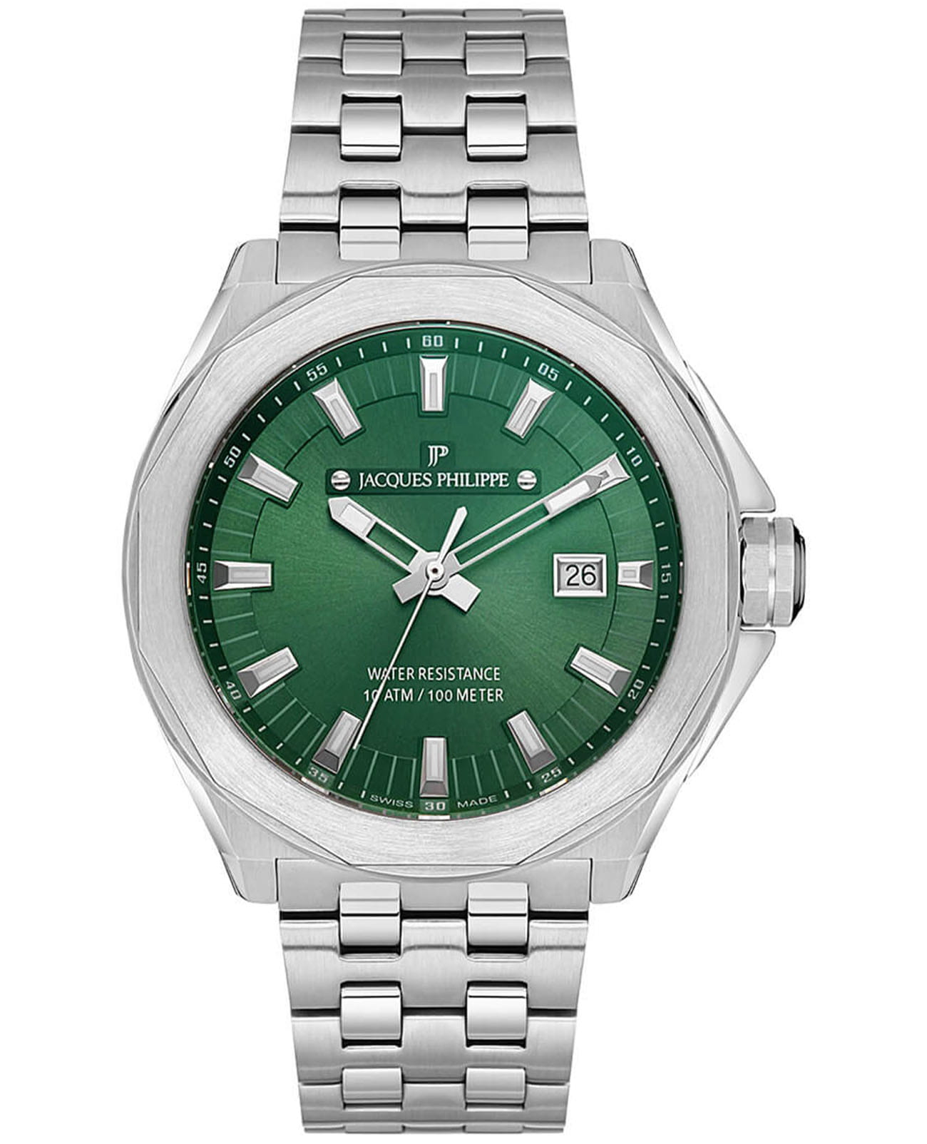 Jacques Philippe Jacques Philippe Merces Chrono JPQGS2913X6  JPQGS2913X6 кварцевые мужские часы зеленый циферблат, браслет нержавеющая сталь — вид спереди