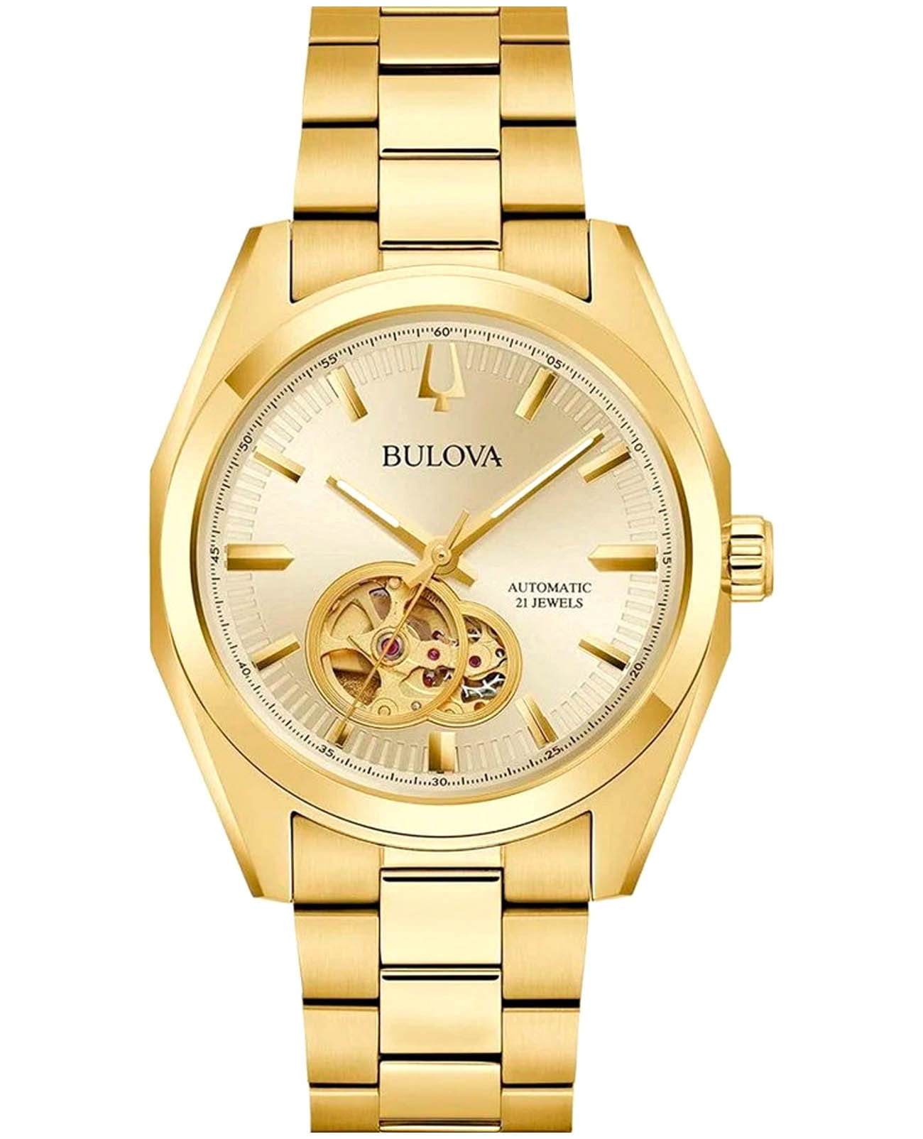 Bulova Bulova Surveyor 97A182  97A182 механические мужские часы золотой циферблат, браслет нержавеющая сталь с ip-покрытием — вид спереди