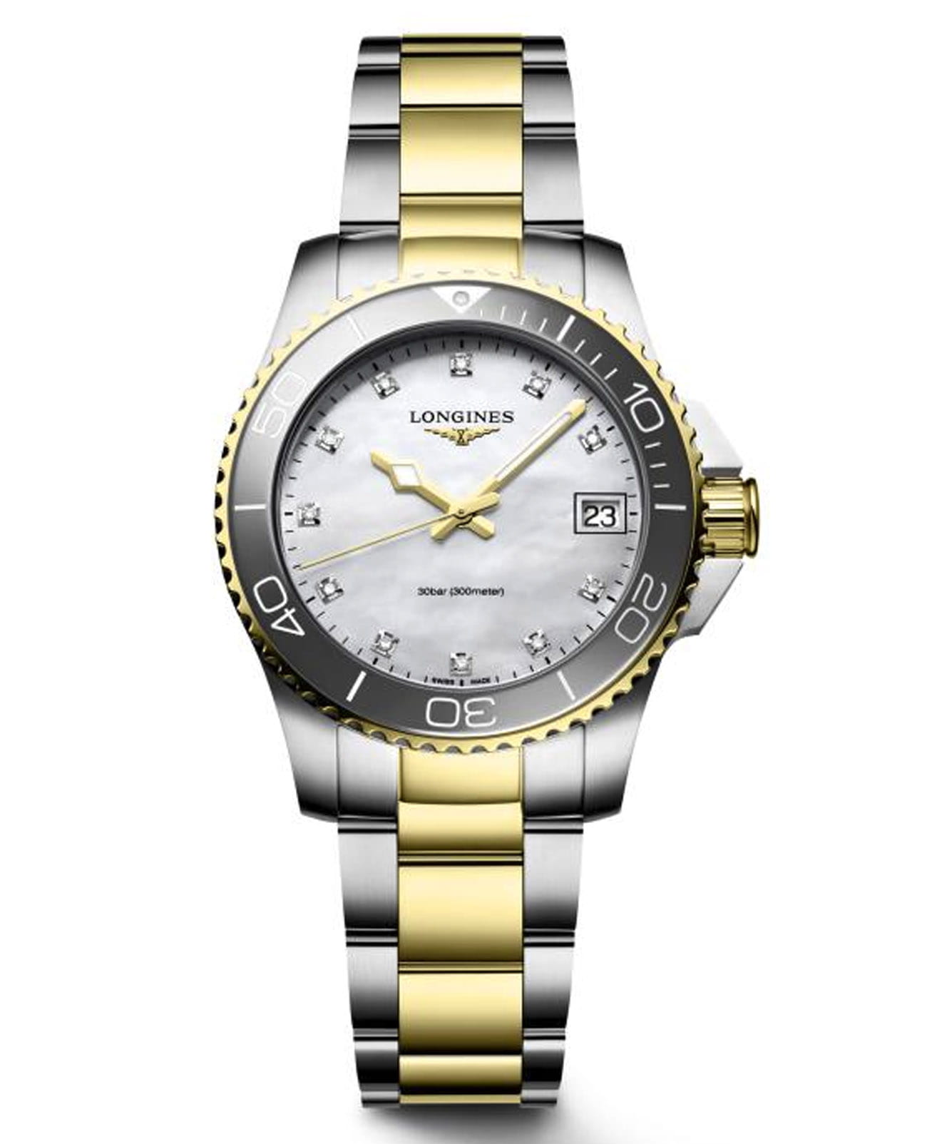 Longines Longines HydroConquest L3.370.3.87.6  L33703876 кварцевые женские часы перламутровый циферблат, браслет нержавеющая сталь с pvd-покрытием — вид спереди