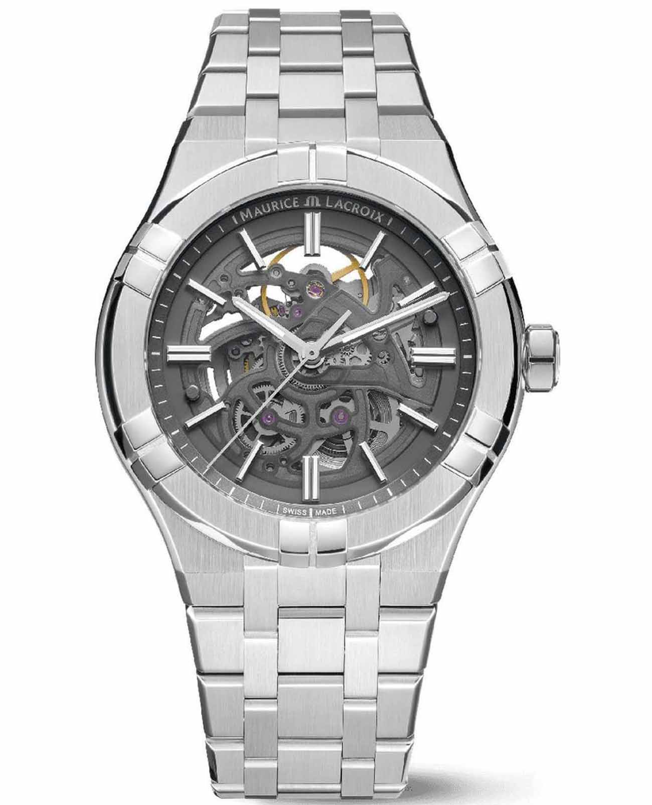 Maurice Lacroix Maurice Lacroix Aikon Automatic Skeleton AI6008-SS002-030-1  AI6008-SS002-030-1 механические мужские часы черный циферблат, браслет нержавеющая сталь — вид спереди