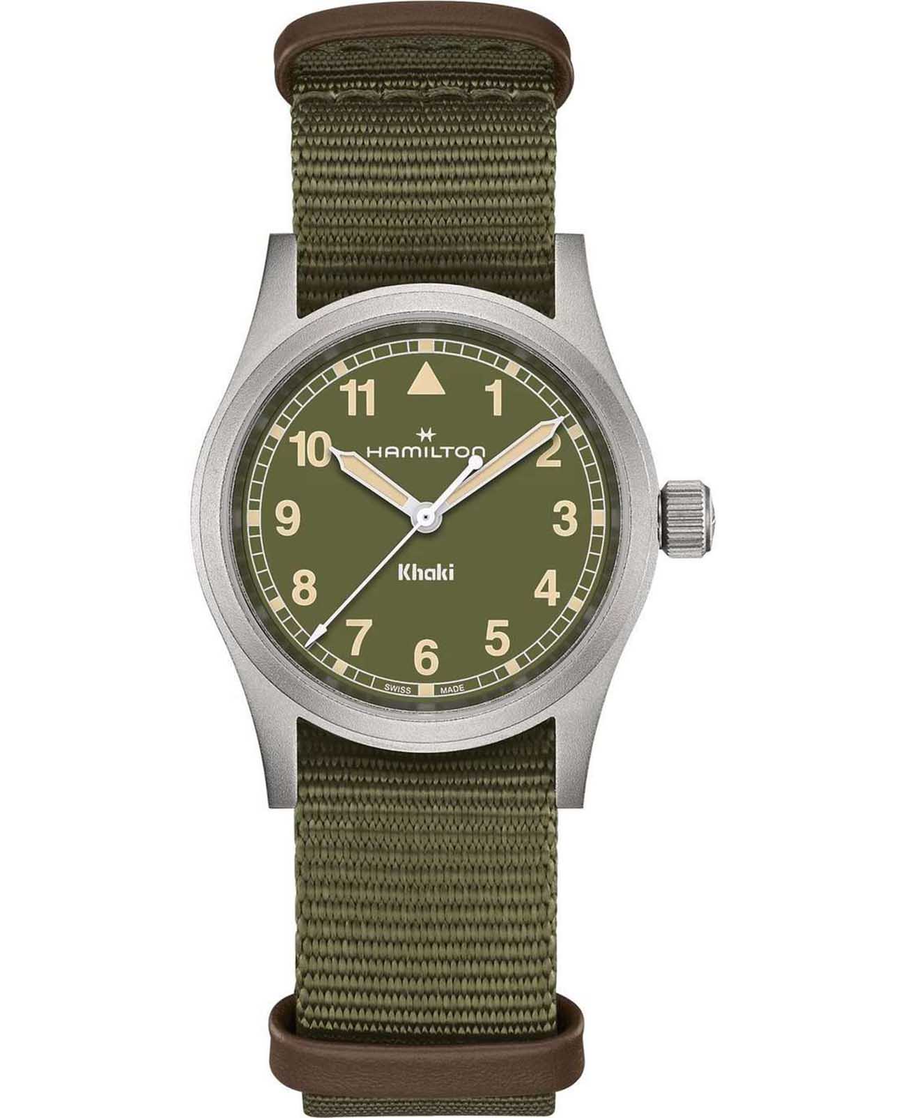 Hamilton Hamilton Khaki Field Quartz 33mm H69301960  H69301960 кварцевые мужские часы зеленый циферблат, браслет тканевый — вид спереди