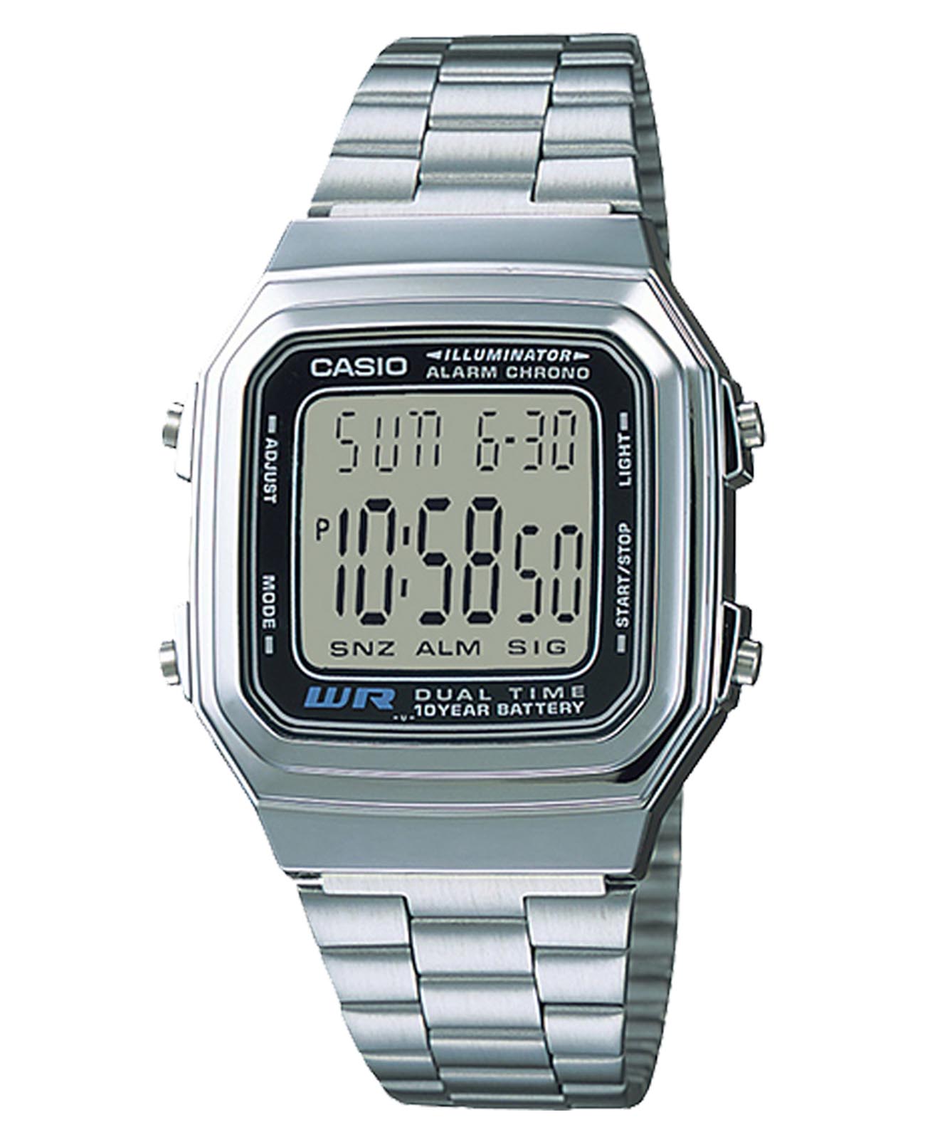 Casio Casio Vintage A178WA-1ADF (A178WA-1A)  A178WA-1A кварцевые мужские часы серый циферблат, браслет нержавеющая сталь — вид спереди
