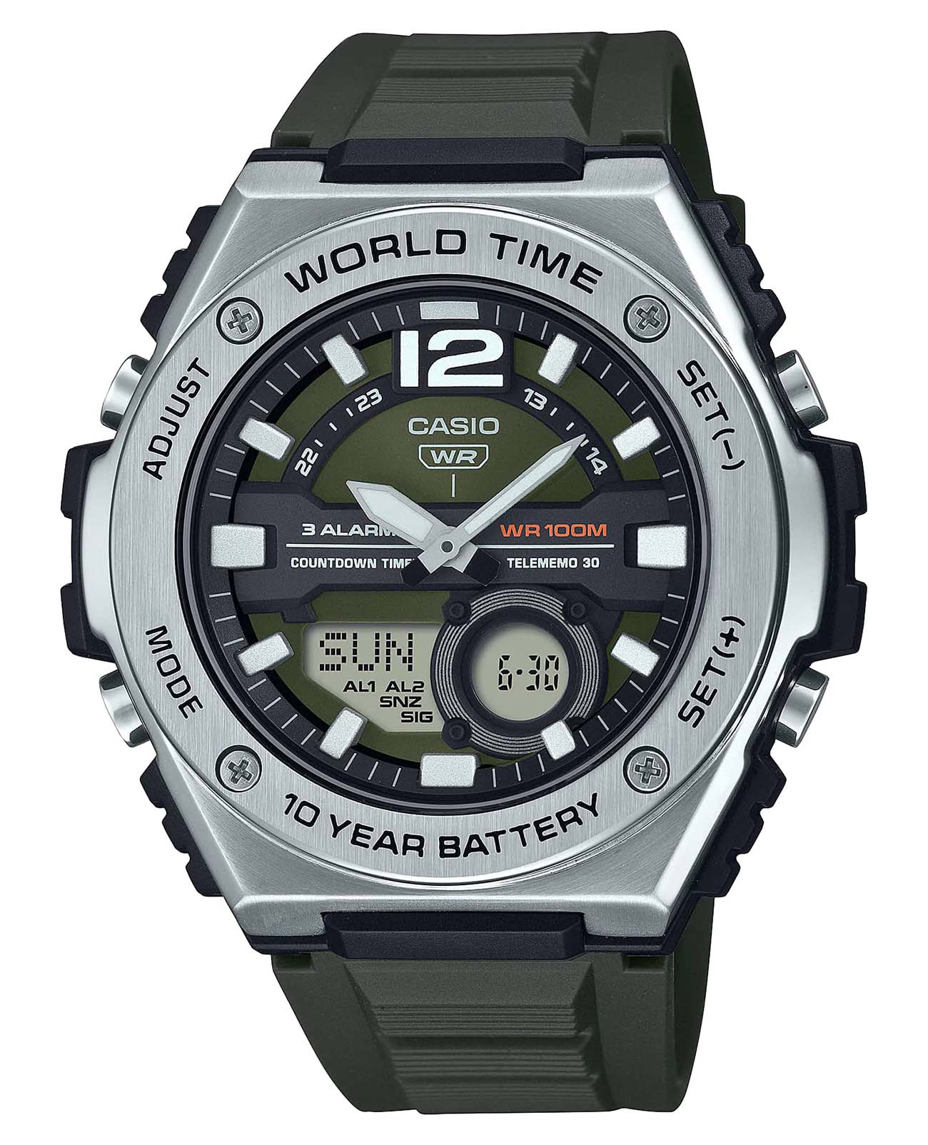 Casio Casio Collection MWQ-100-3AVDF  MWQ-100-3AVDF кварцевые мужские часы черный циферблат, браслет силикон — вид спереди