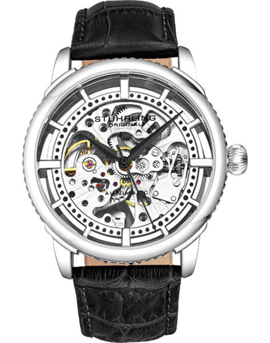 Stuhrling Stuhrling Legacy 3933.1  3933.1 механические мужские часы белый циферблат, браслет кожаный — вид спереди