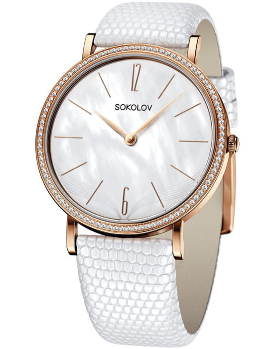 Sokolov 210.01.00.100.06.02.2  210.01.00.100.06.02.2 кварцевые женские часы перламутровый циферблат, браслет кожаный — вид спереди