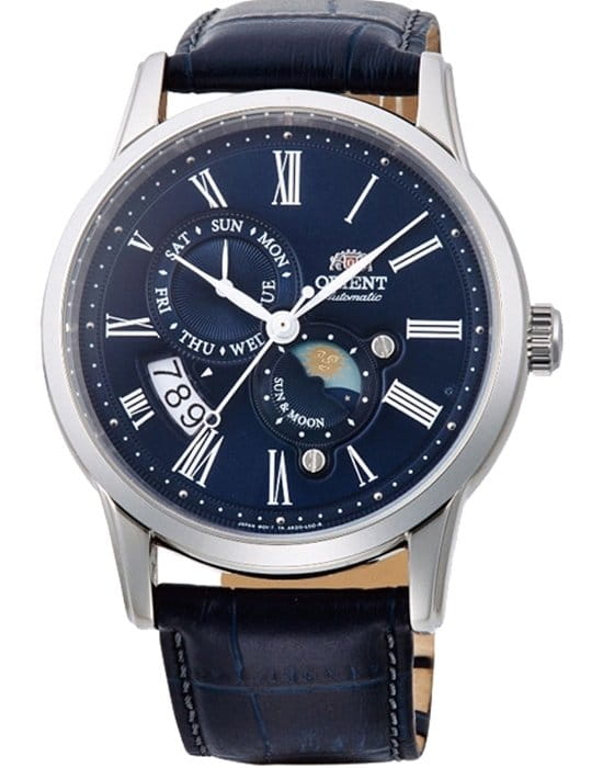 Orient Orient AK00005D (FAK00005D)  AK00005D механические мужские часы синий циферблат, браслет кожаный — вид спереди