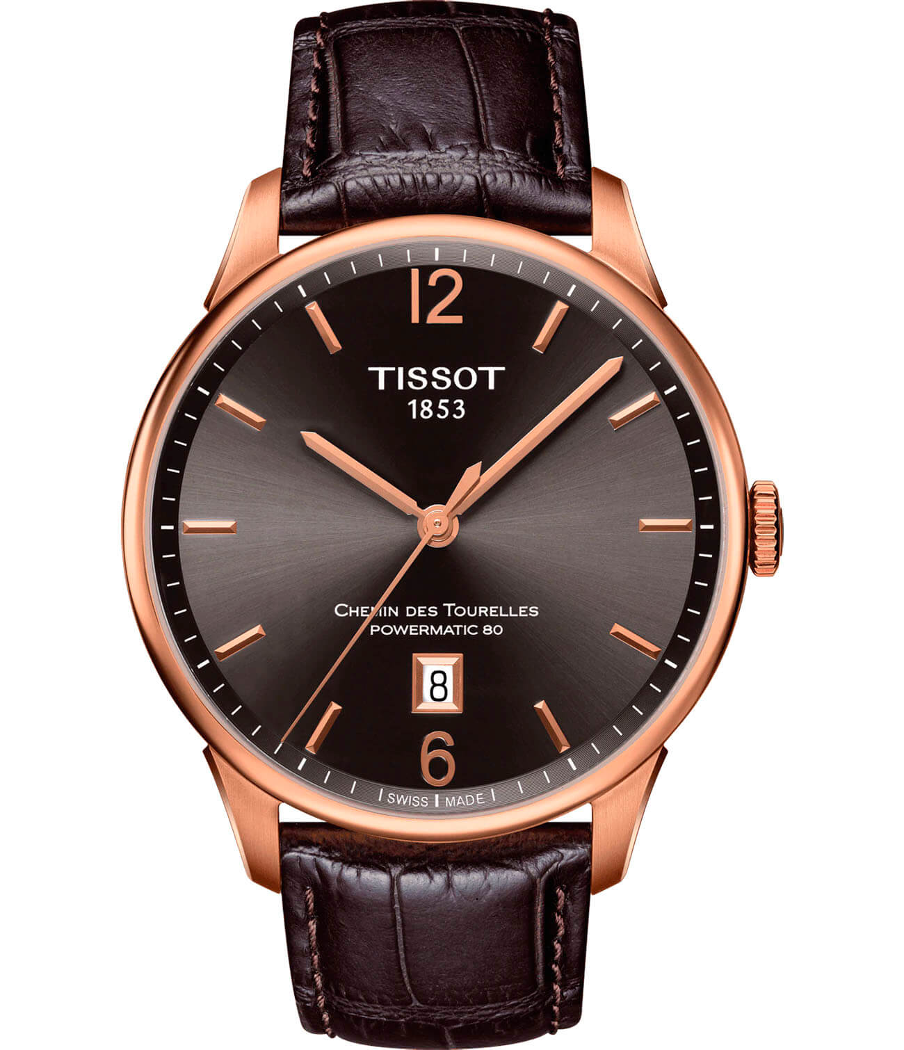 Tissot Tissot Chemin des Tourelles Powermatic 80 T099.407.36.447.00 Chemin des Tourelles T0994073644700 механические мужские часы коричневый циферблат, браслет кожаный — вид спереди