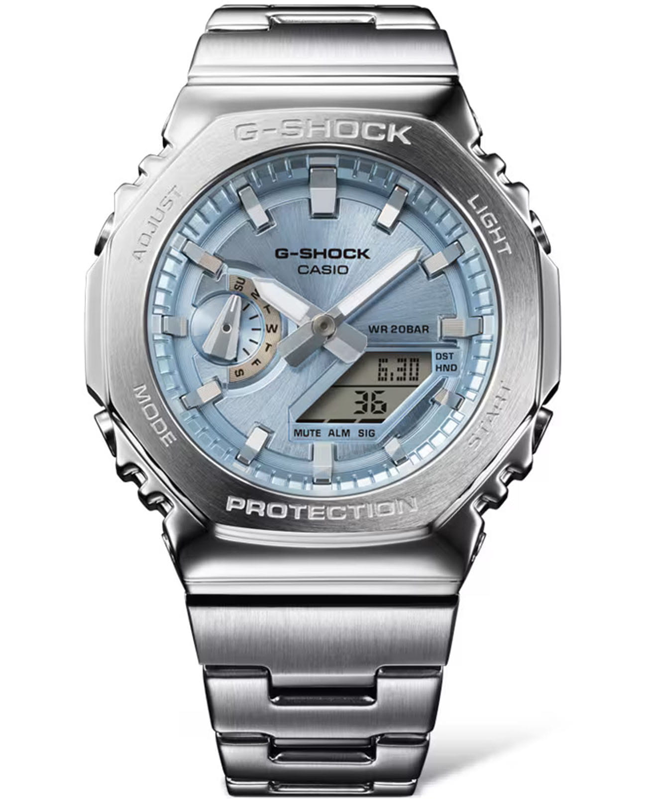Casio Casio G-Shock GM-2110D-2A (GM-2110D-2A) GM GM-2110D-2A электронные мужские часы голубой циферблат, браслет нержавеющая сталь — вид спереди