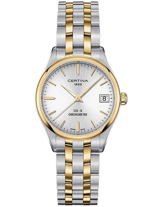 Certina Certina DS-8 Lady 30mm C033.251.22.031.00 DS 8 C0332512203100 кварцевые женские часы серебристый циферблат, браслет сталь c pvd покрытием — вид спереди
