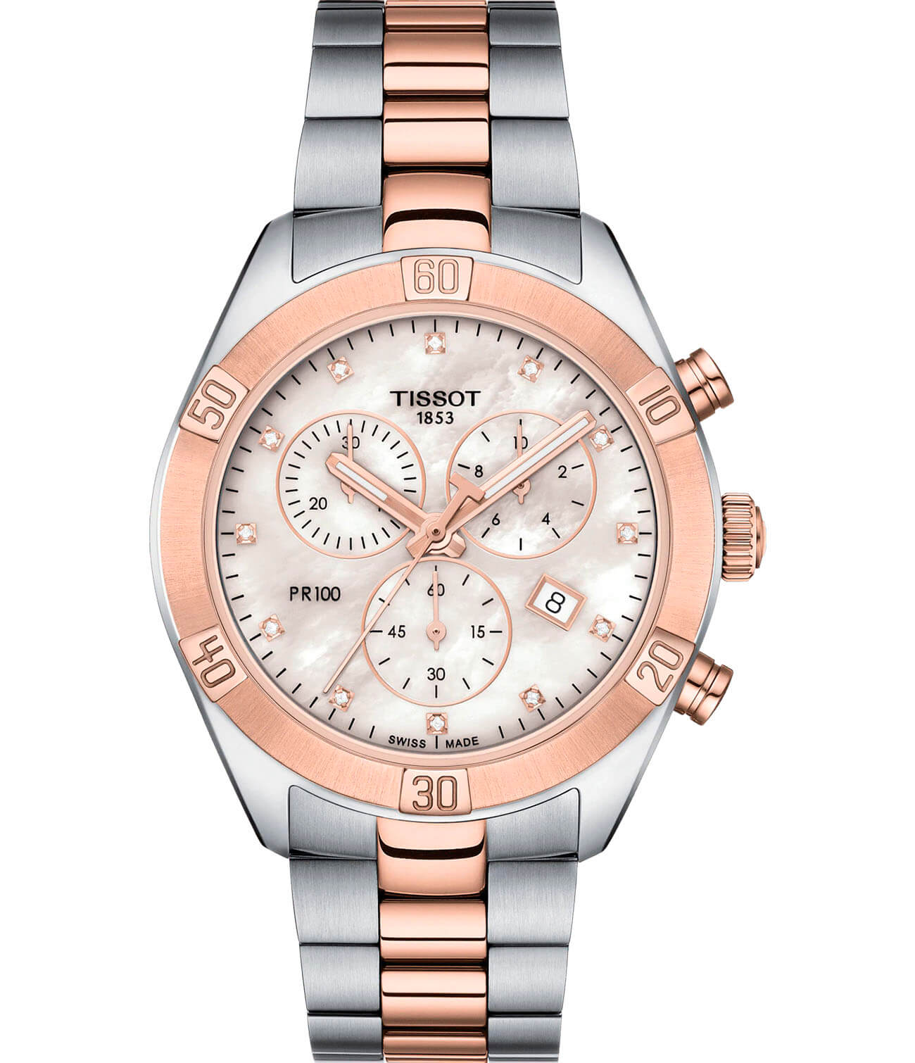 Tissot Tissot PR 100 Sport Chic Chronograph T101.917.22.116.00 PR 100 Sport Chic T1019172211600 кварцевые женские часы перламутровый циферблат, браслет сталь c pvd покрытием — вид спереди