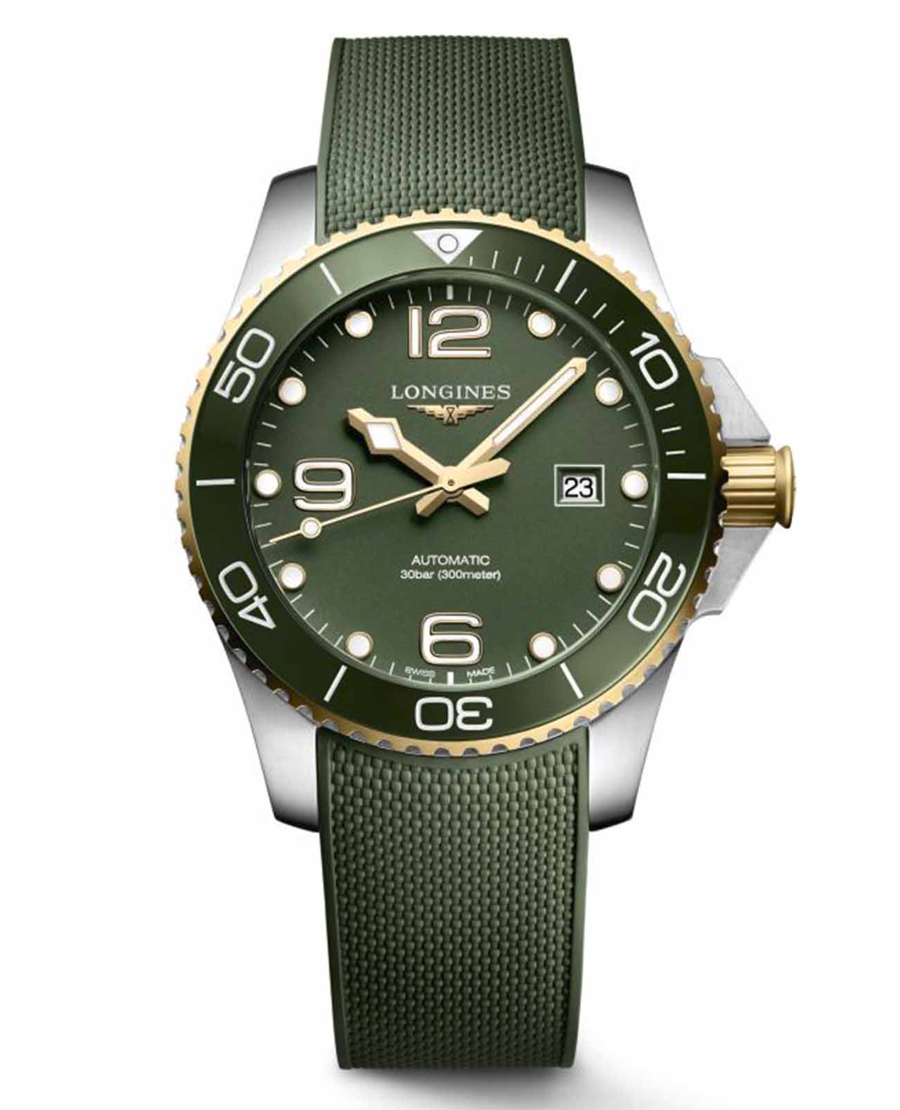 Longines Longines HydroConquest L3.782.3.06.9  L37823069 механические мужские часы зеленый циферблат, браслет каучук — вид спереди